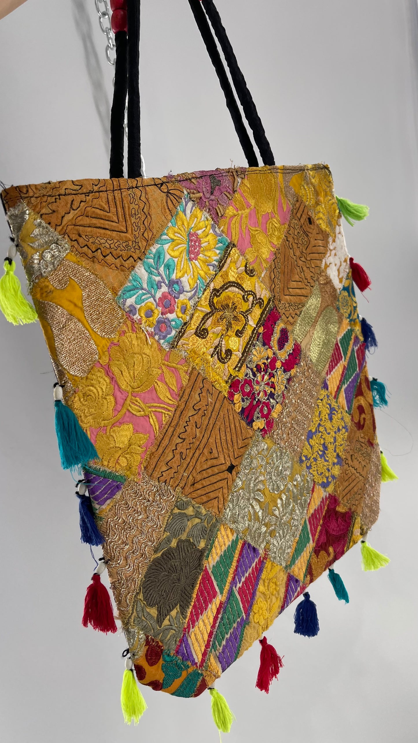 Imported Golden Yellow Patchwork Tote from Brazil with Tassel Detailing