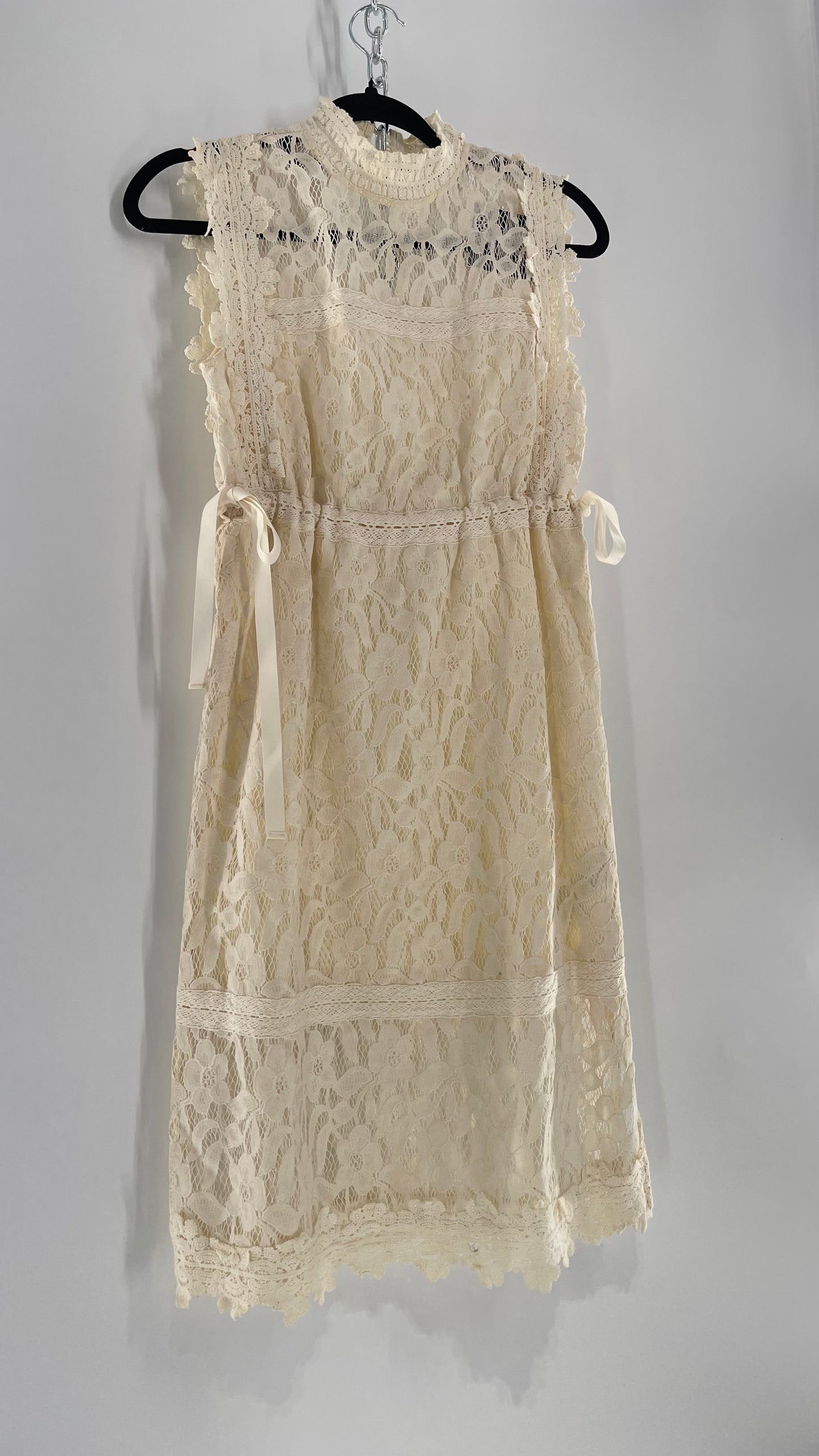 Eri + Ali Anthropologie Velvet Lace MIDI Dress with High Neckline and Side Bow Ties(XS)
