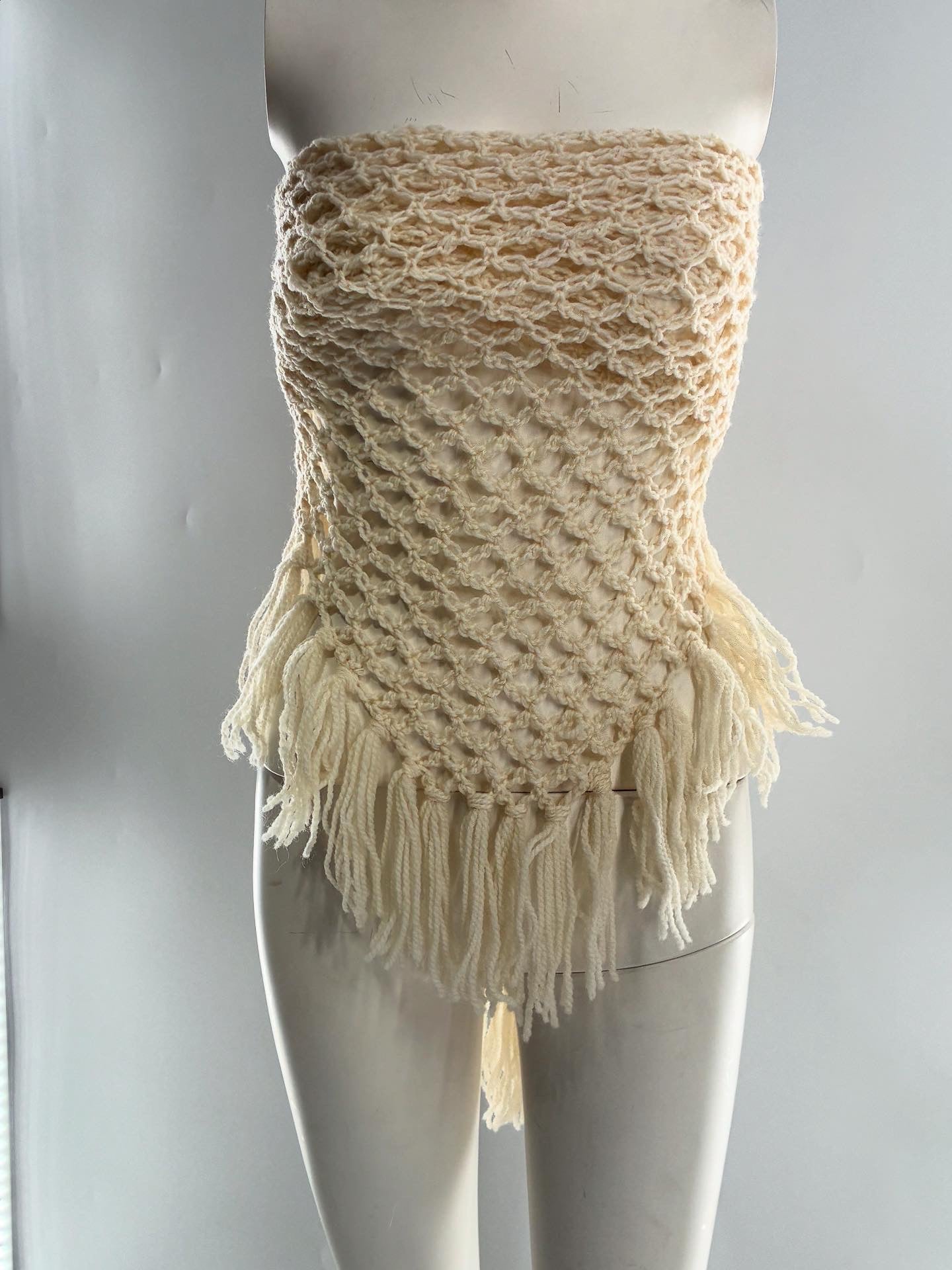 Vintage Off White Fish Net Scarf with Tasseled Ends