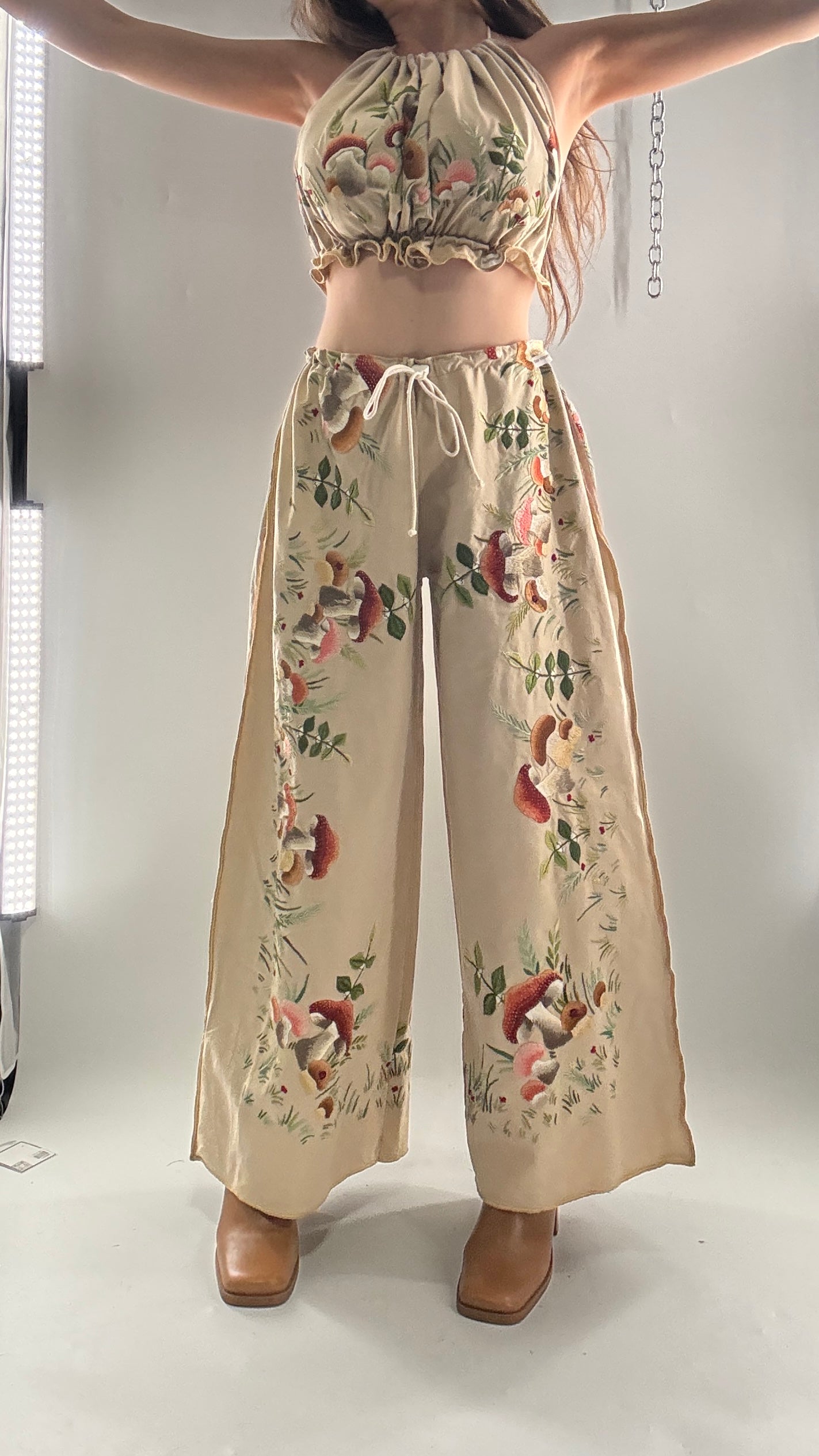 Vintage Custom Handmade and Hand Embroidered Two Piece Set with Mushrooms, Vines, and Ladybugs (XS-L)