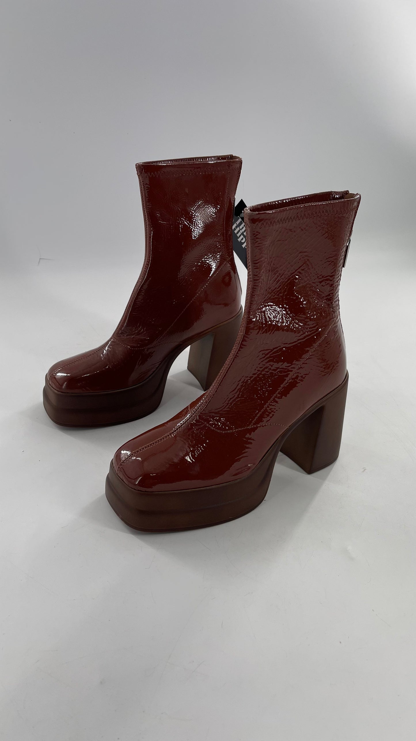 Free People Double StackedGlossy Patent Chestnut Brown Platform Boots with Chunky Heels (37.5)