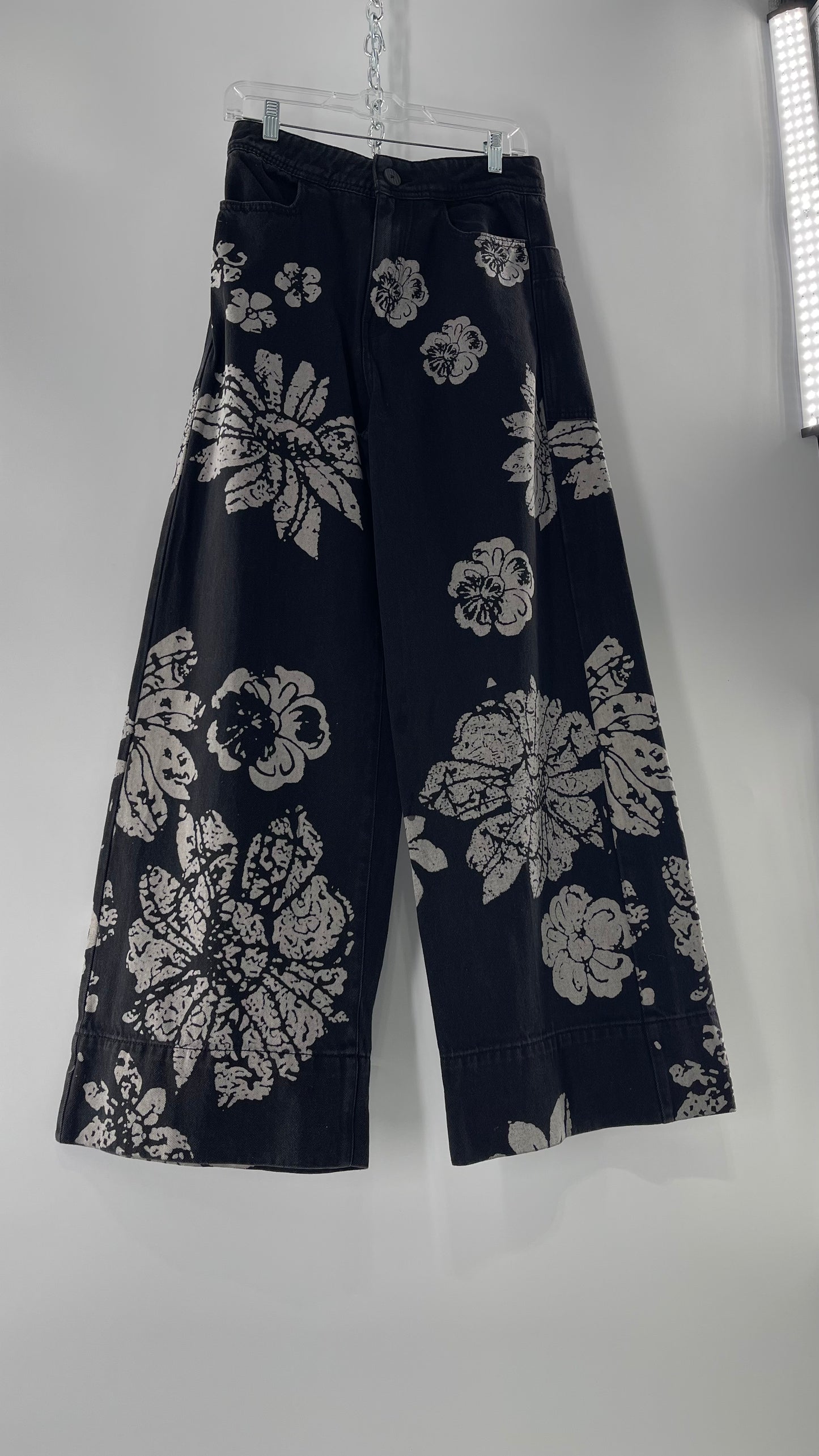 Free People Black Wide Leg Jeans with White Hibiscus Floral Design (29)