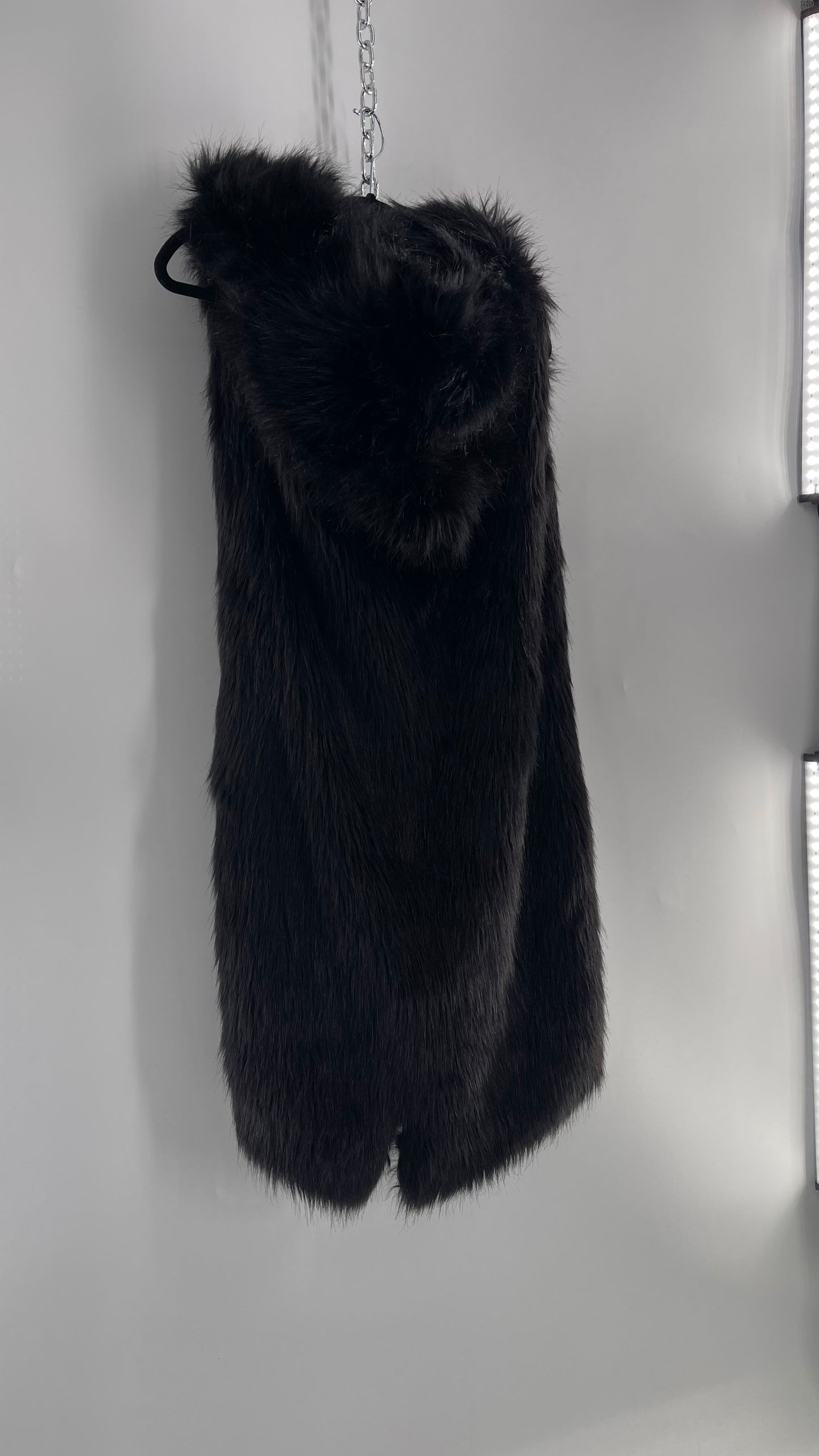 Full Length Black Fuzzy Sleeveless Vest with Oversized Hood (Medium)