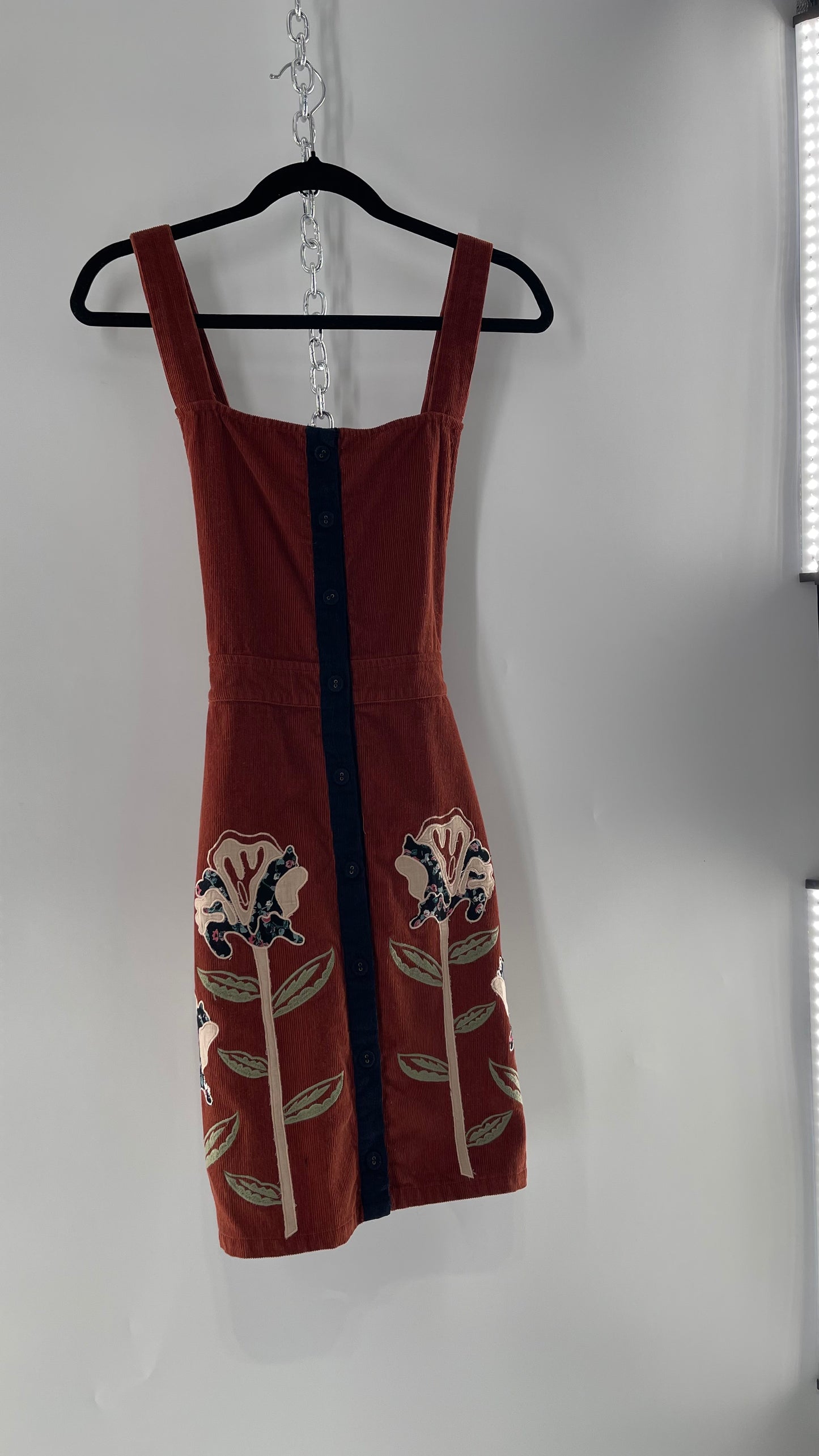 Seen. Worn. Kept. Anthropologie Terracotta Burnt Orange Corduroy Overall Dress with Embroidered Flower Details (S)