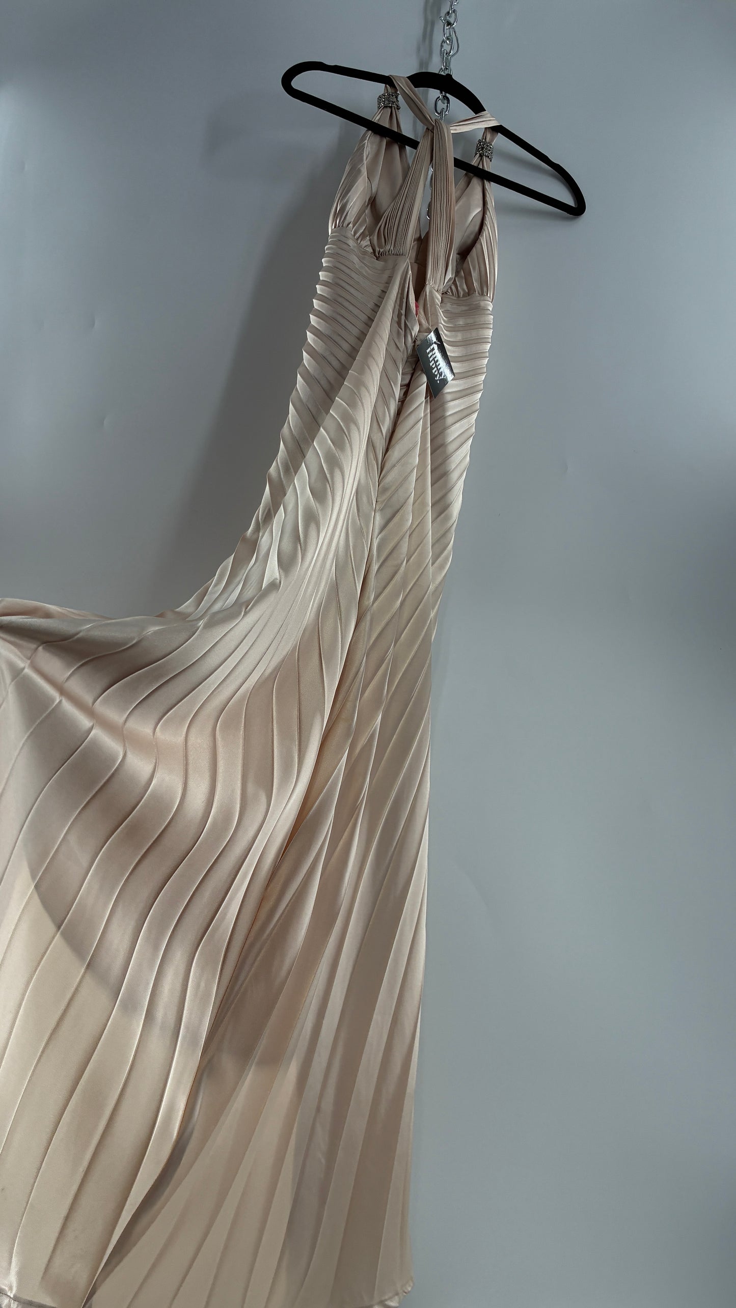 Vintage ISSUE Pleated Champagne Gown with Vented Slit Front, Crystal Bust Appliqué and Strap Cuffs (2)