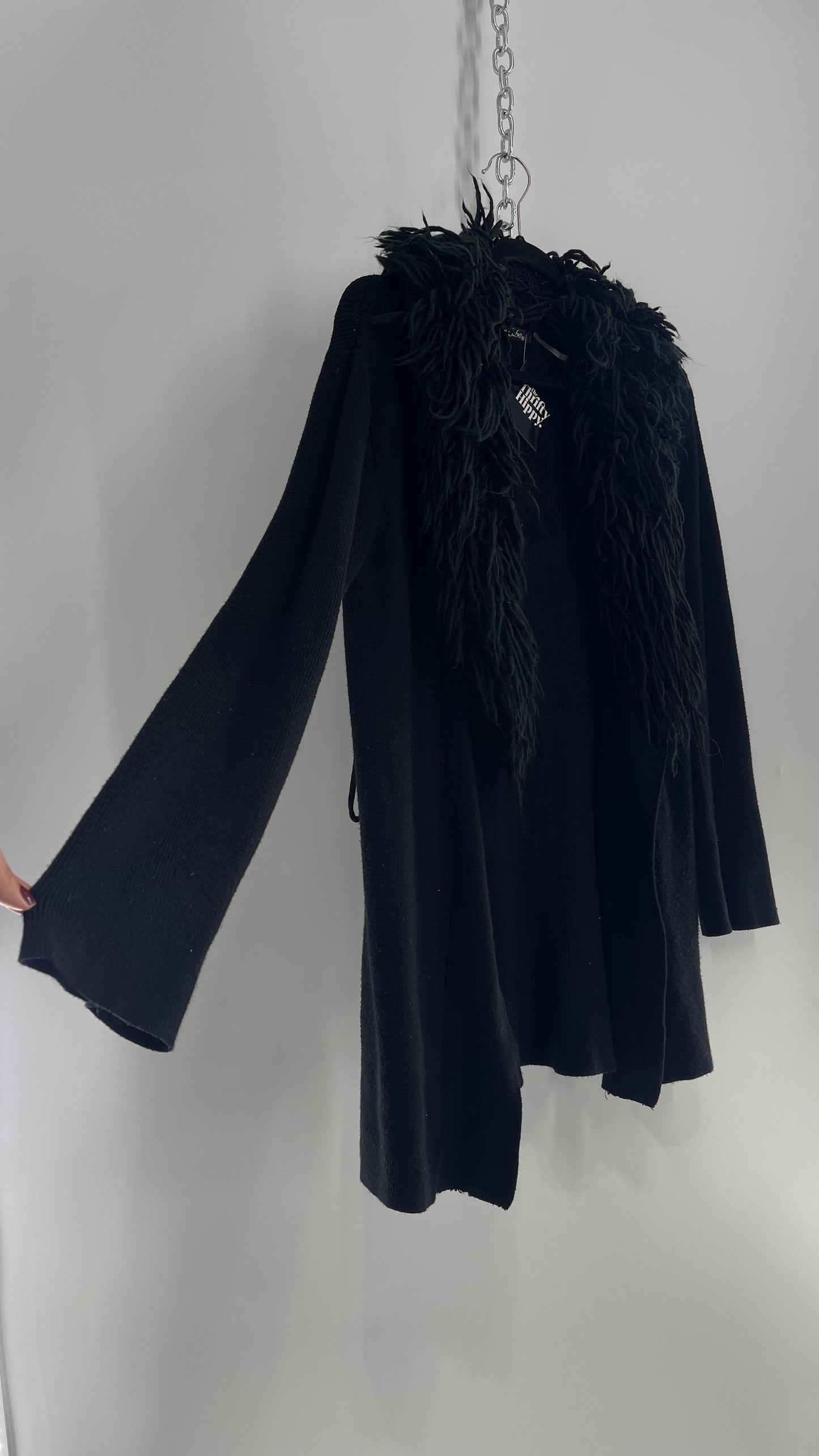Dolce Cabo Vintage Worn Used Black Knit Cardigan with Exaggerated Shaggy Collar (Medium)