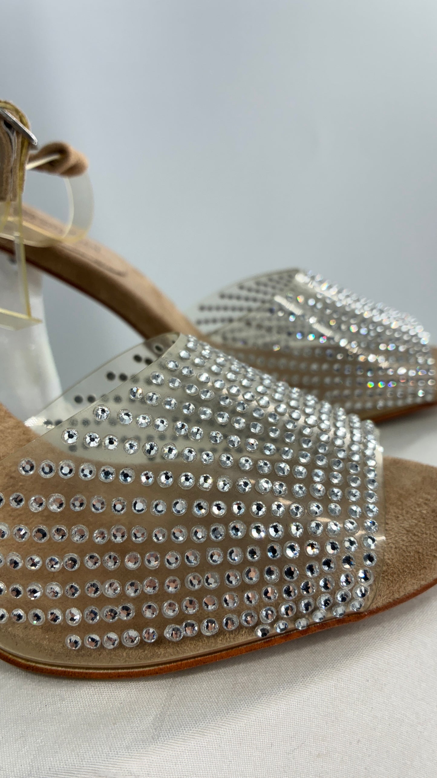 JEFFREY CAMPBELL Lucite Heel Suede Sole, Clear Strap Rhinestone Heel (8)