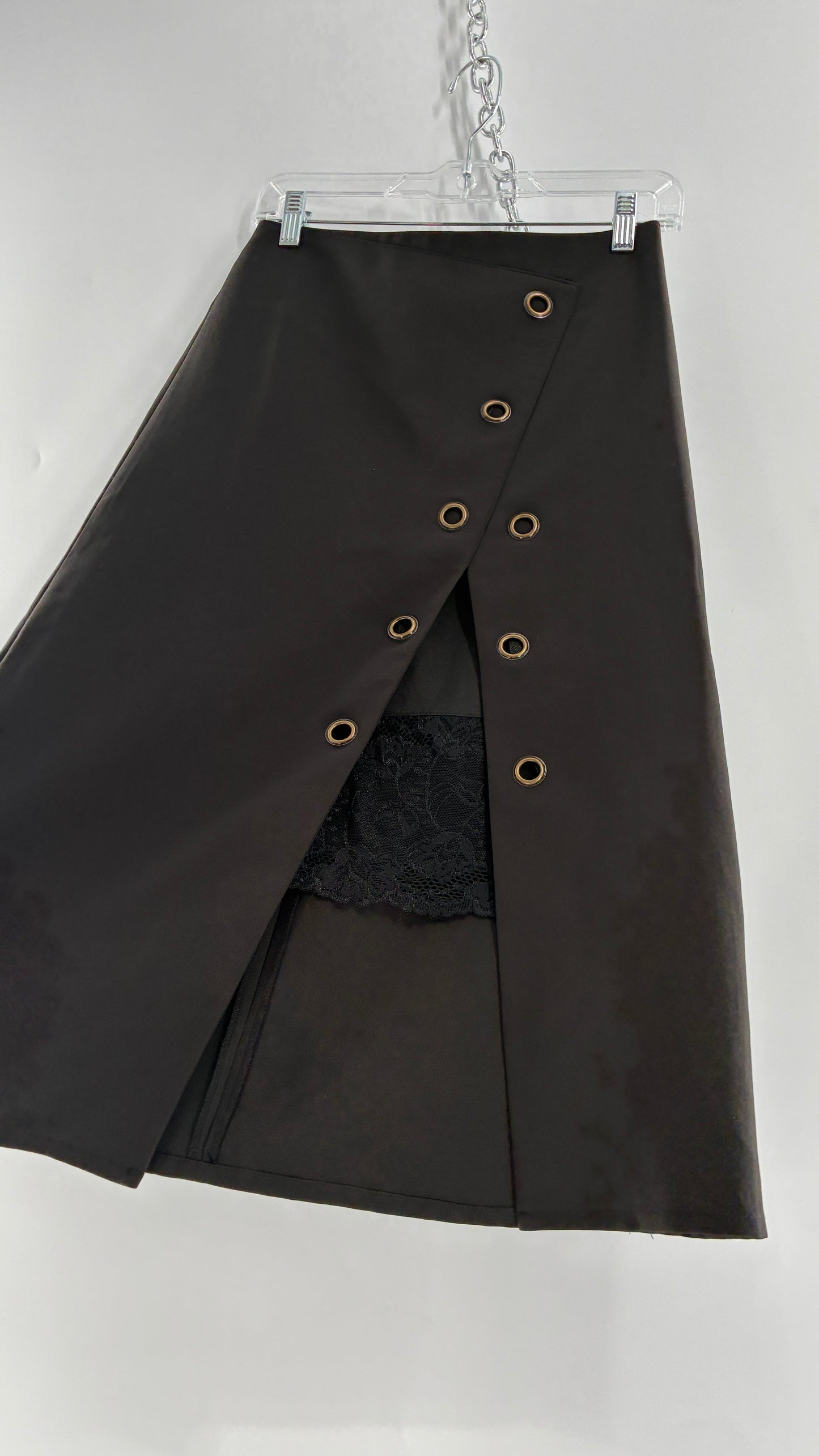 Vintage BYSI Black Skirt with Asymmetric Slit, Bronze Grommets and Lace Thigh Detail (EU36,UK8)