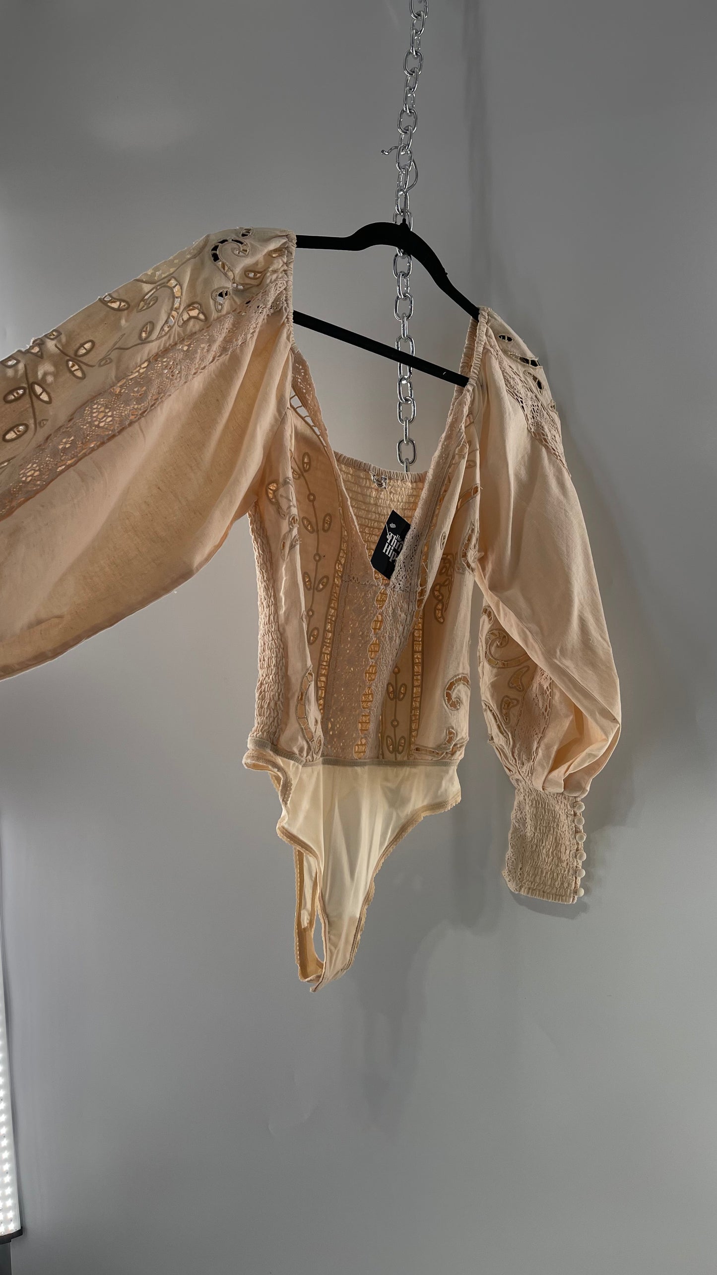 Free People Off White Cotton Bodysuit with Embroidered Lace Balloon Bishop Sleeve and Smocked, Buttoned Cuffs (Large)