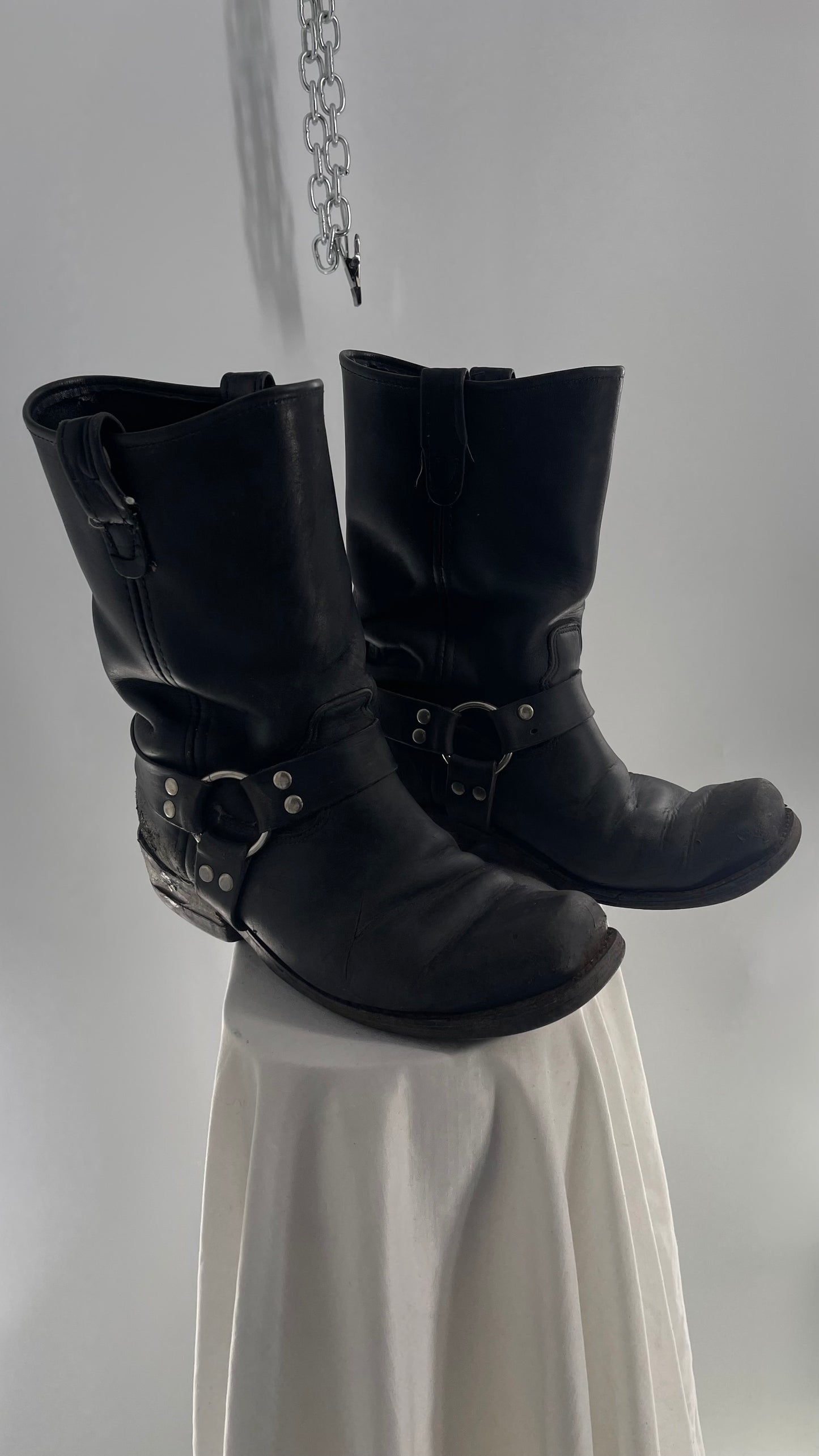 Vintage SIERRA Black Heavy Duty Sloppy Scuffed Distressed Leather Motorcycle Boots (10.5)