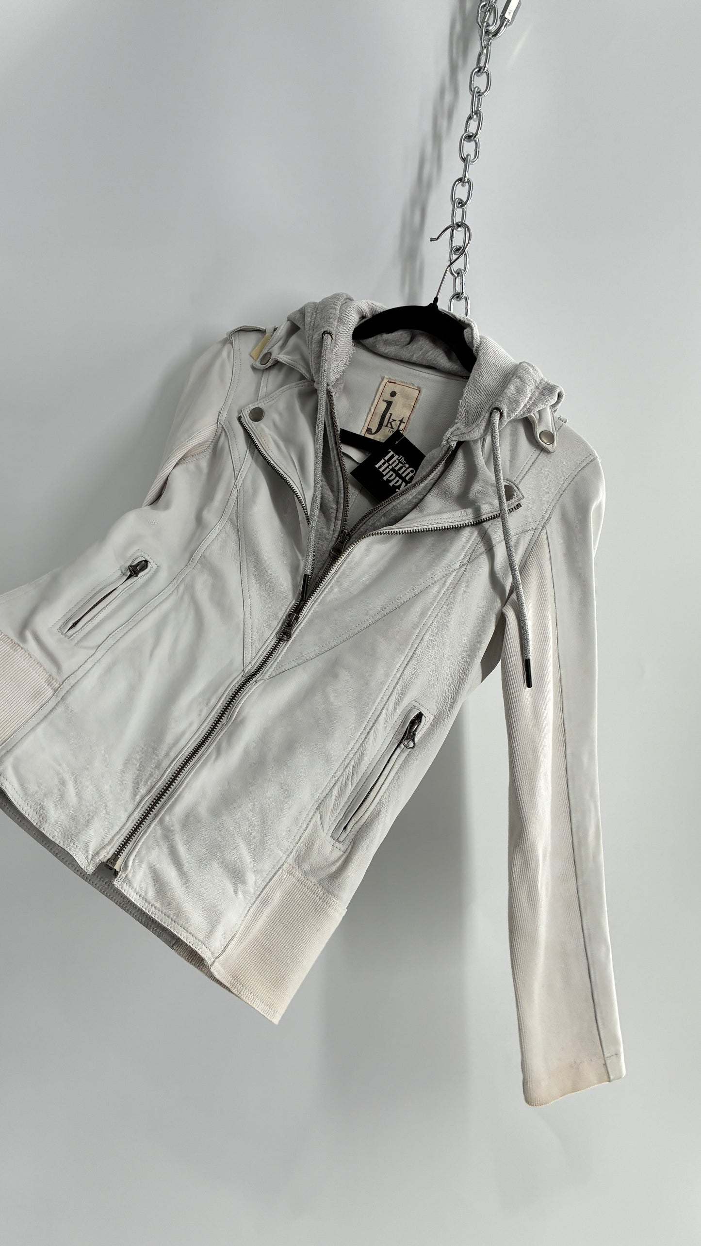 Jakett White Molly Burnished White Genuine Leather Double Layer Moto Jacket with Removable Grey Hoodie Insert (XS)