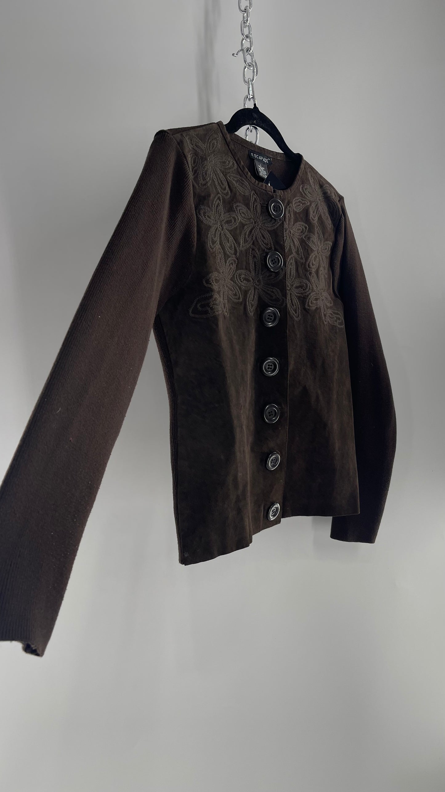 ESCAPADE Vintage 1990s Dark Brown Suede Vest with Knit Sleeves and Embroidered Flowers (Large)