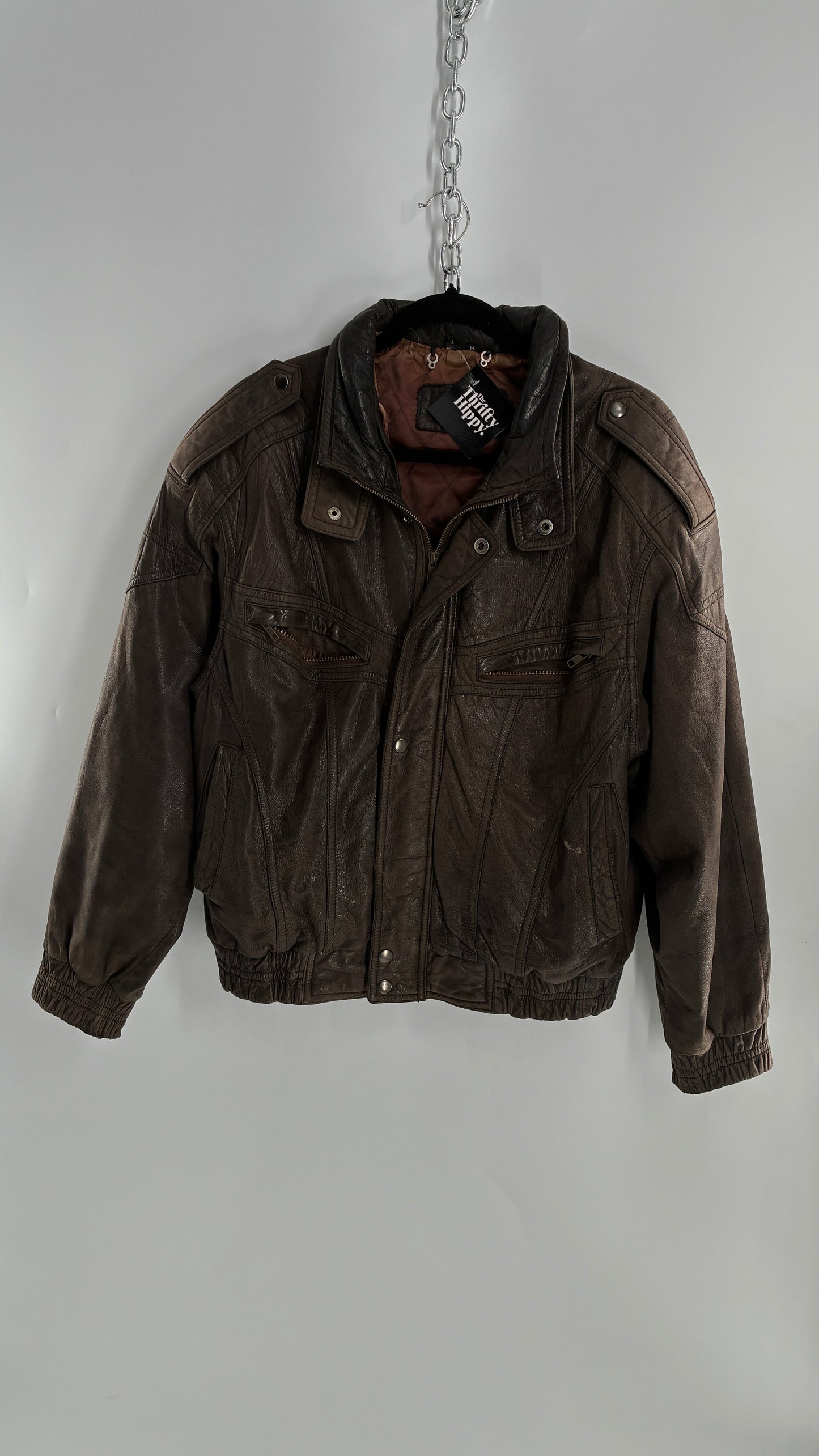 Vintage SAXONY Distressed Leather Bomber Jacket (Medium)