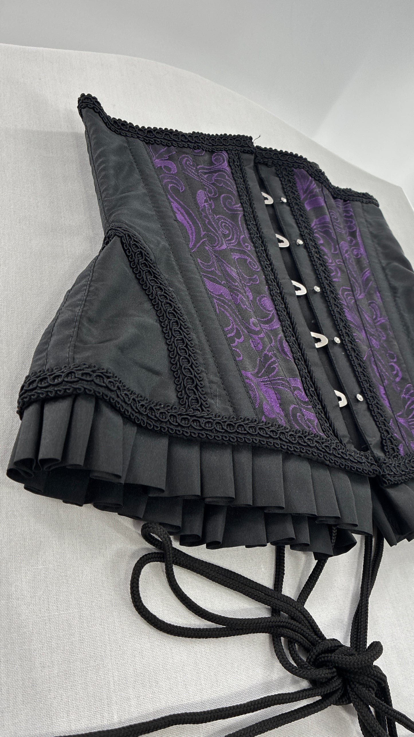 Vintage Black and Purple Brocade Corset with Pleated, Ruffled Hem (Sz 22)