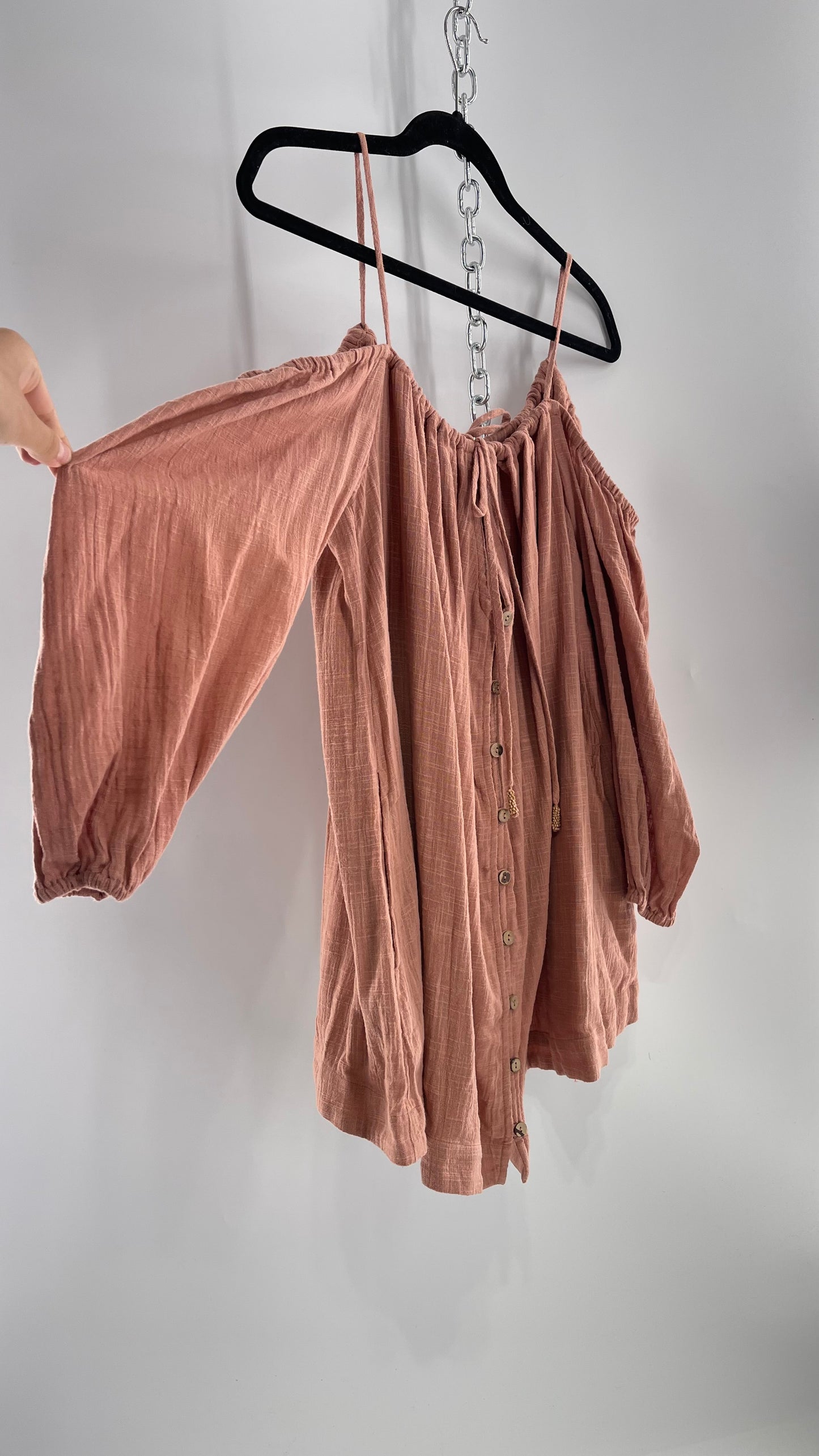 Free People Peachy Pink Coral Off the Shoulder 100% Cotton Voluminous Button Front Blouse (Small)