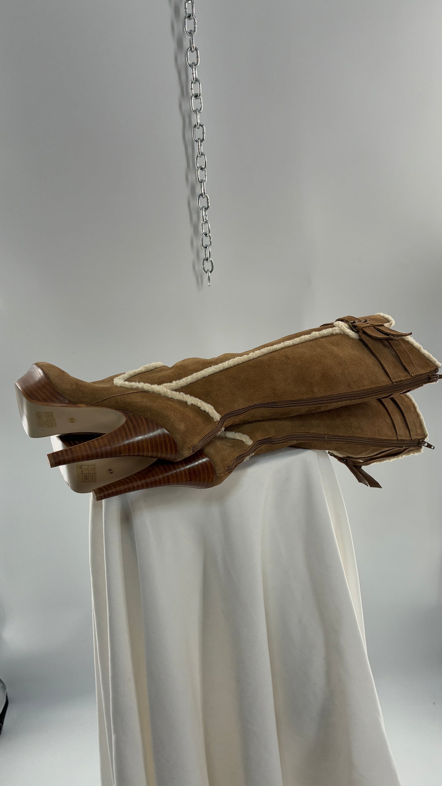 Vintage BEBE Genuine Suede Leather Stiletto, Platform Knee High Boots with Shearling Piping (8B)