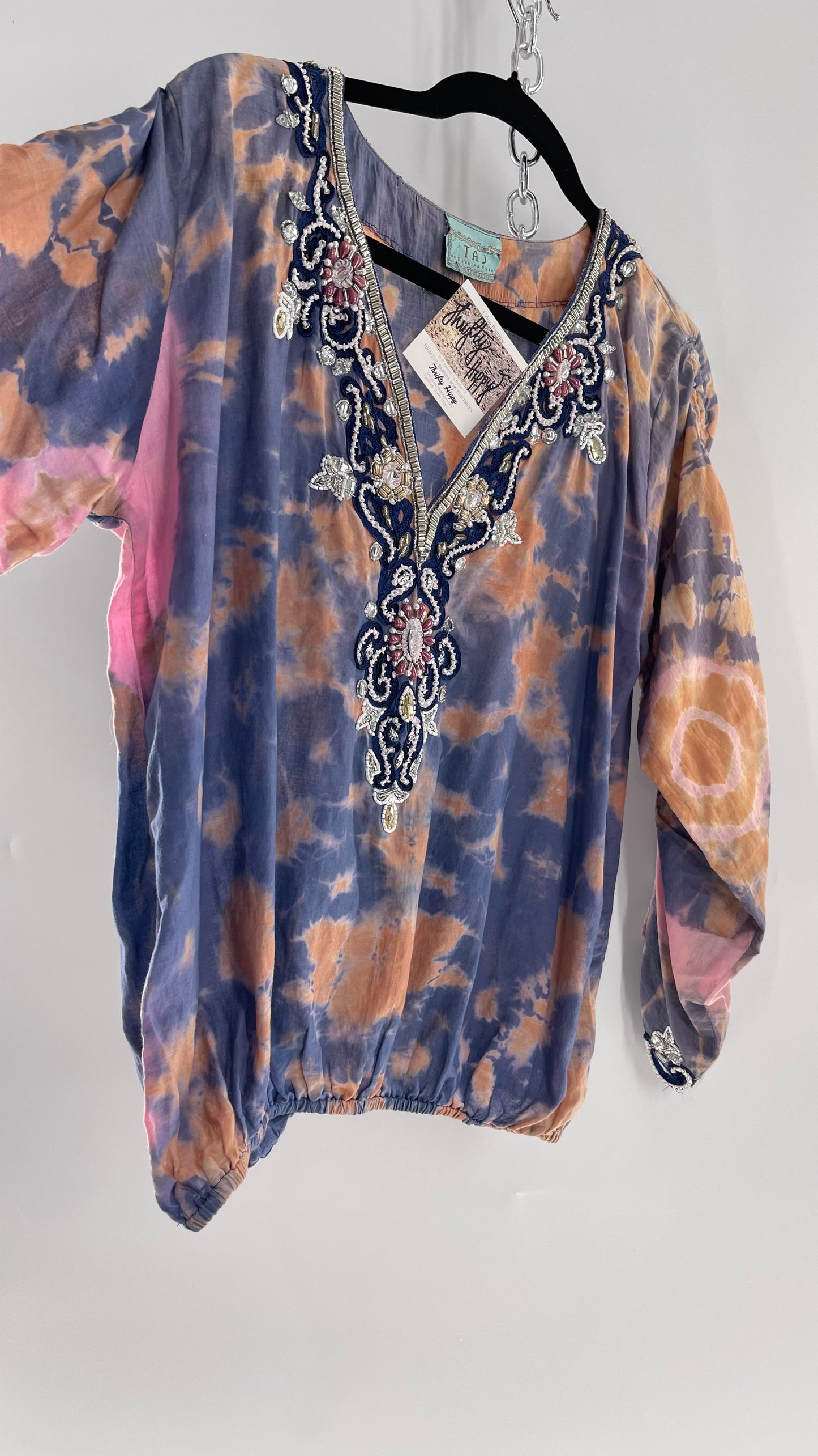 TAJ by Sabrina Crippa Tie Dye Blouse with Gemstone Encrusted Neckline and Ruched Beaded Sleeves (S/M)