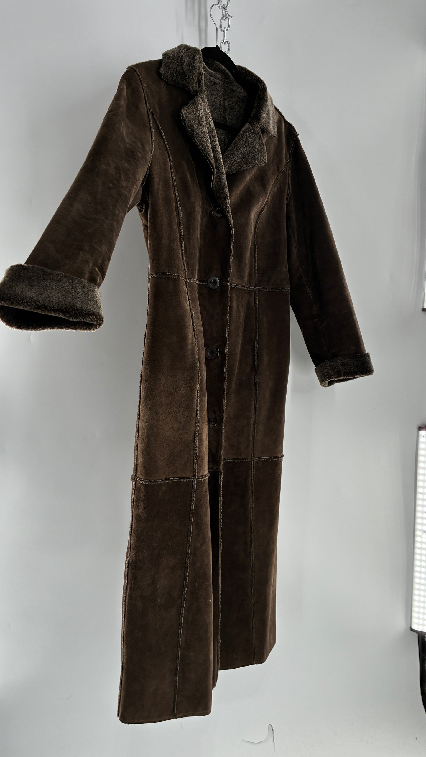 Vintage WINLIT Brown Full Length Paneled Suede Leather Coat (Small)