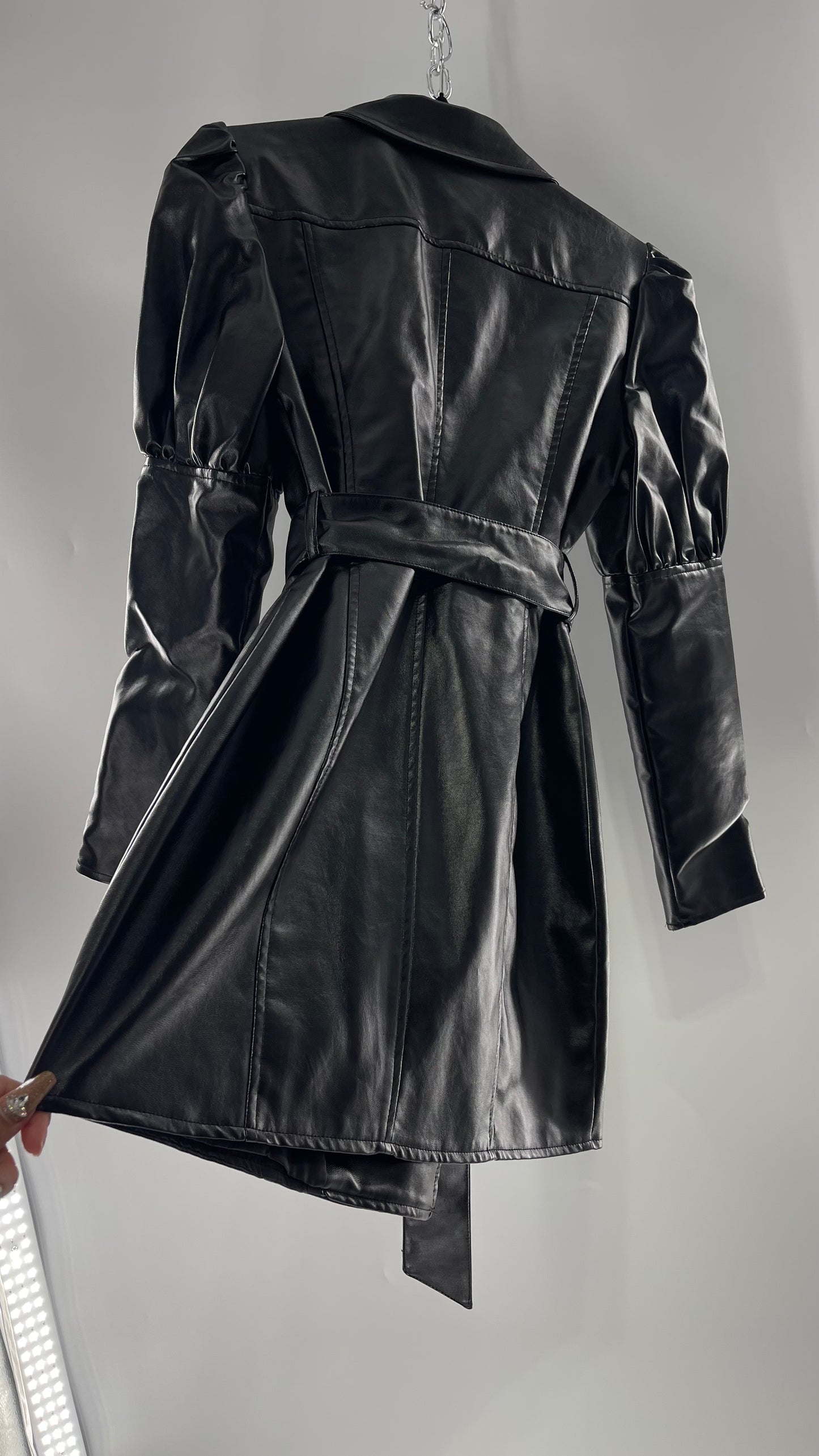 NASTYGAL Black Patent Pleather Puff Shoulder Belted Trench Coat (C)(6)