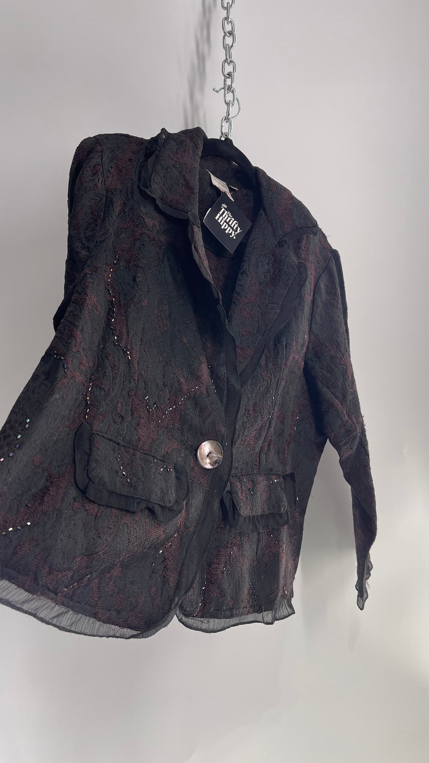 Vintage New Directions Tapestry Blazer with Sheer Trim, Beading and Shell Button(XL)