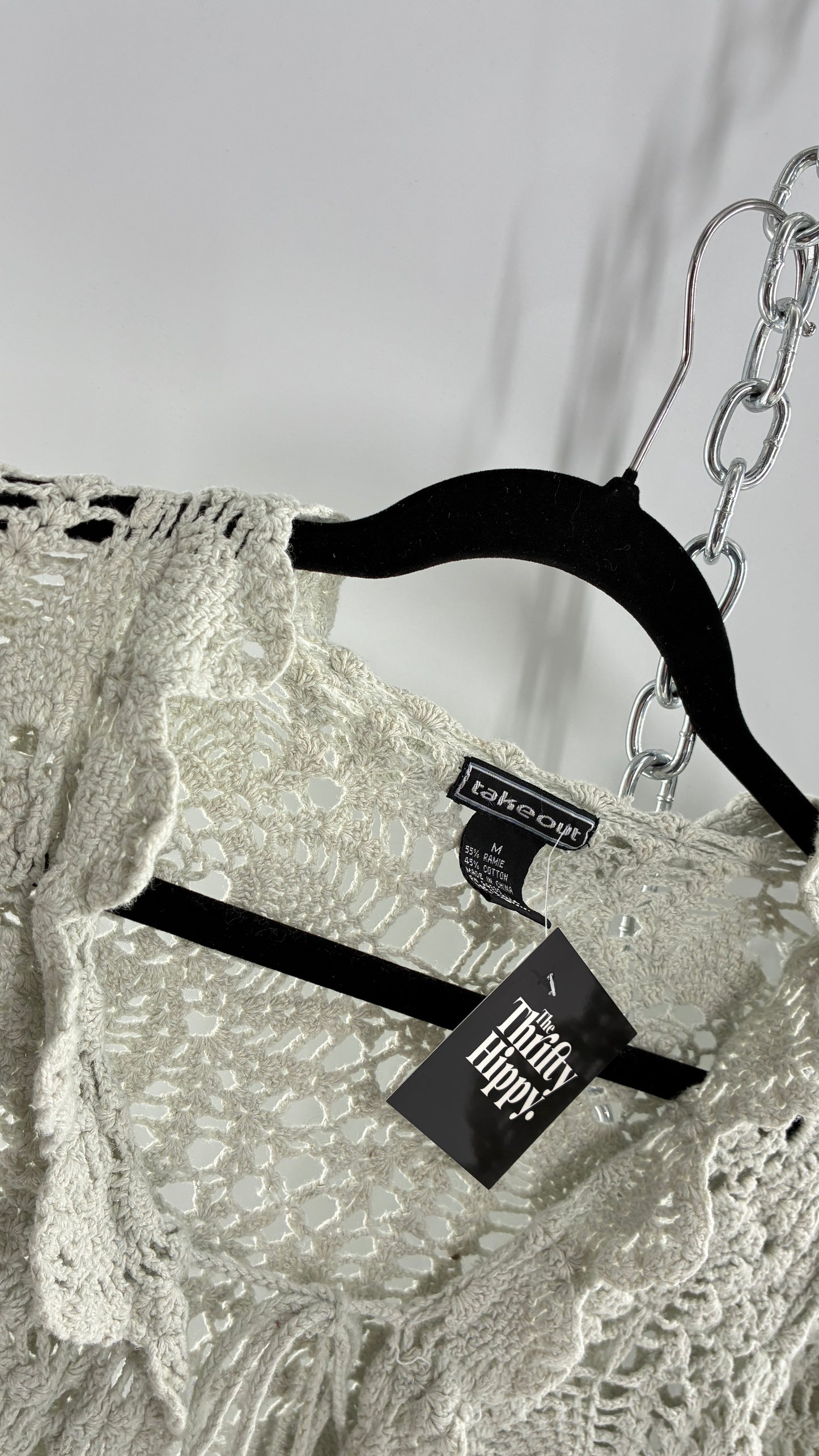 Vintage TAKEOUT Grey Crochet Knit Tie Bust Cardigan Top (Medium)