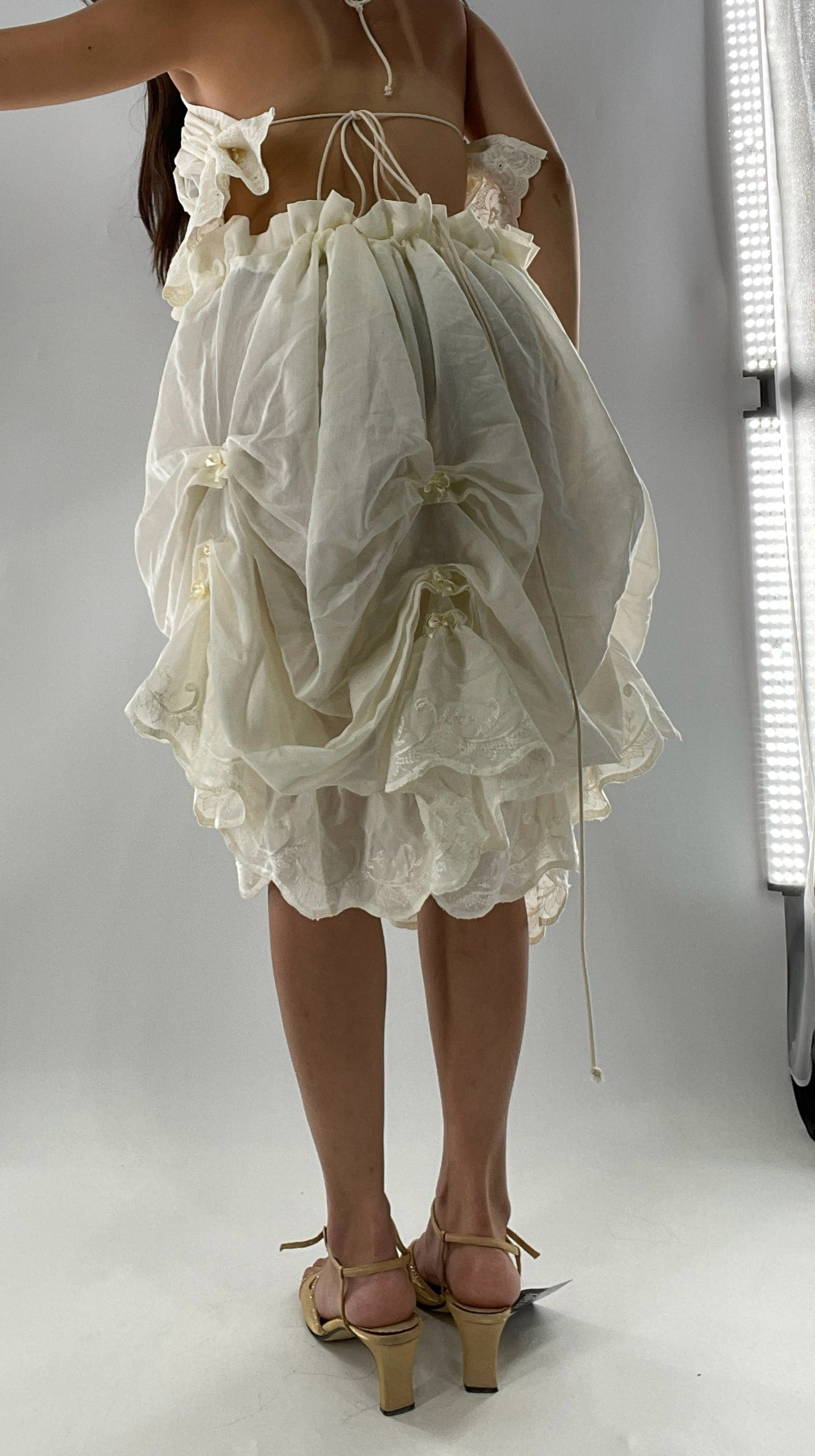 Custom Vintage Cottage Off White Set with Ruched/Scalloped Lace/Backless Top and Draping/Ribbon Skirt (One Size)