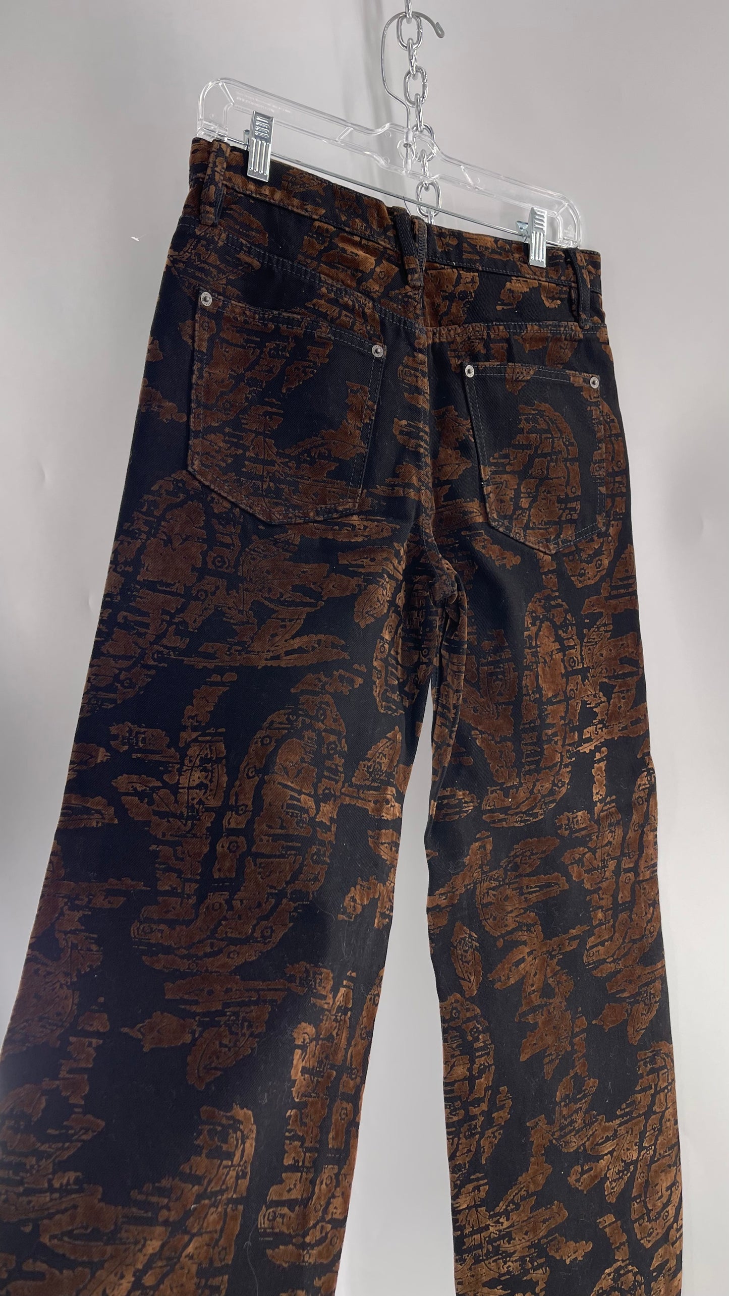 Free People Black/Brown Velvet Texture Graphic Straight Legs with Raw Edge Hem and Tags Attached (28)