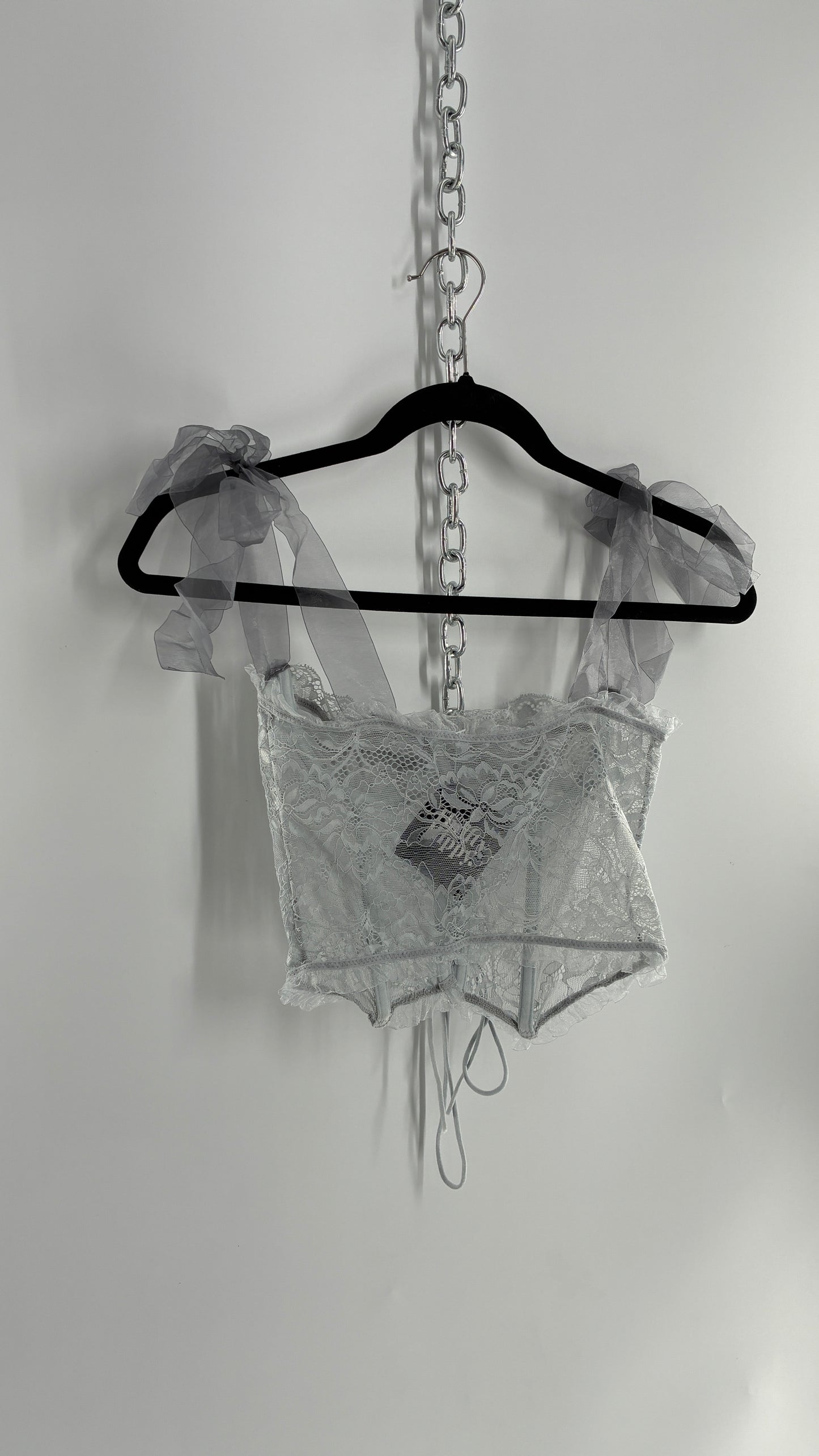 Vintage Light Grey Pointed Hem Lace Corset with Shoulder Bows (XS)