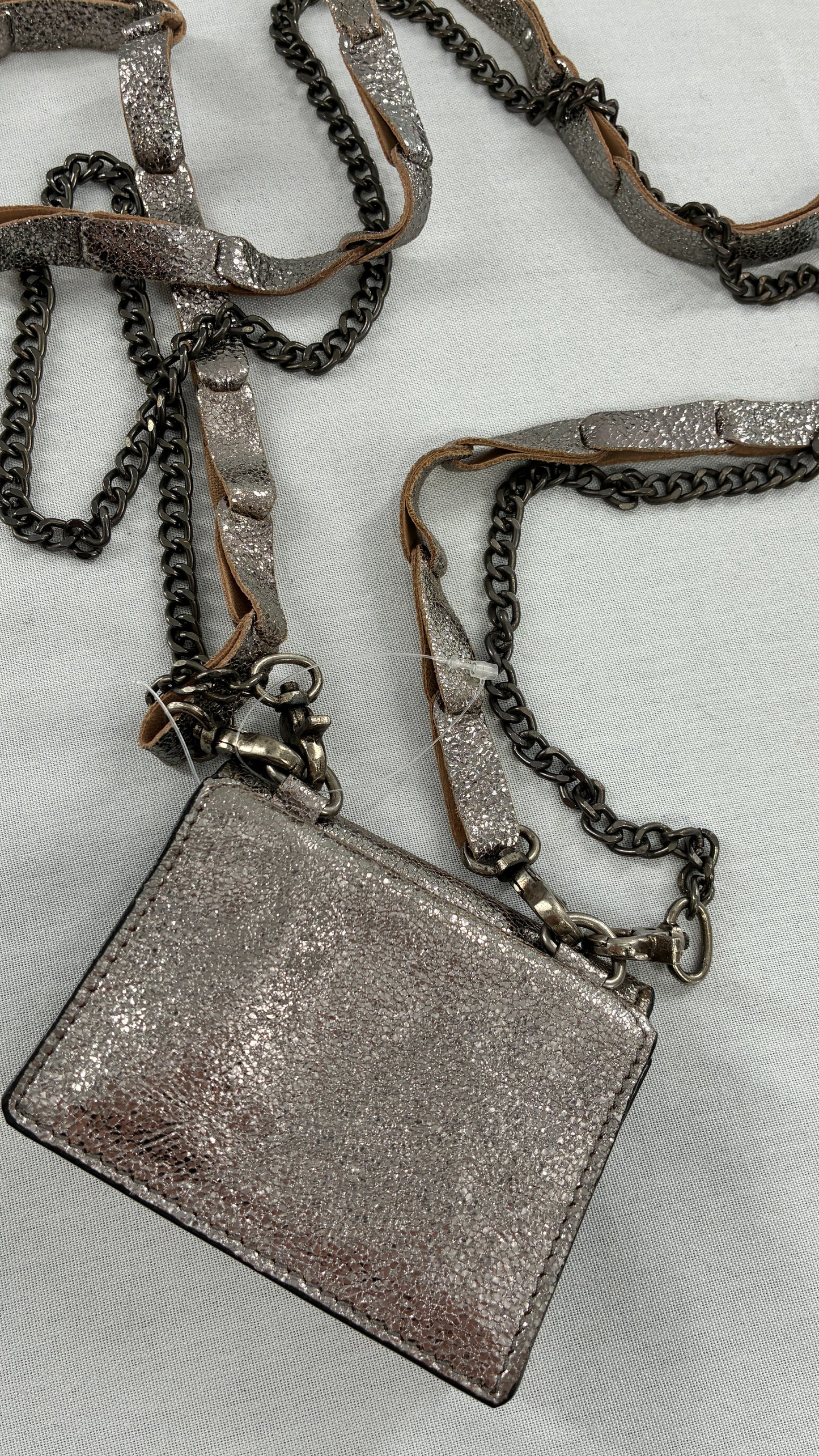 Free People Silver Gun Metal Metallic Goat Leather Wallet with Leather and Chain Straps