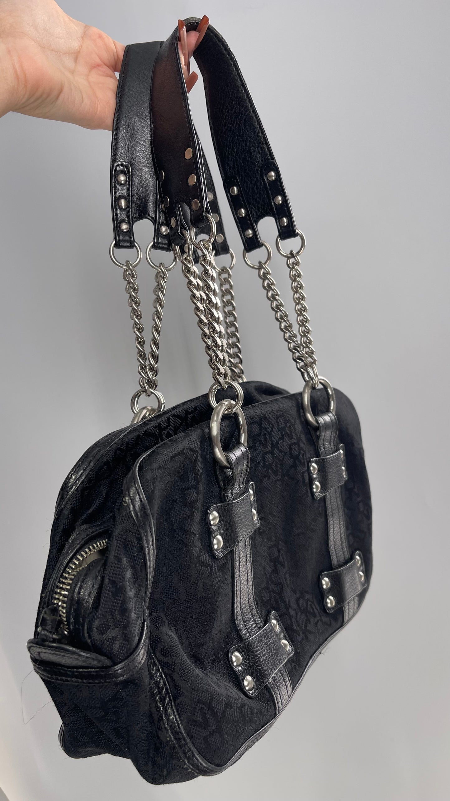 Vintage DKNY 1990s Black All Over Logo Bag with Leather and Chain Details