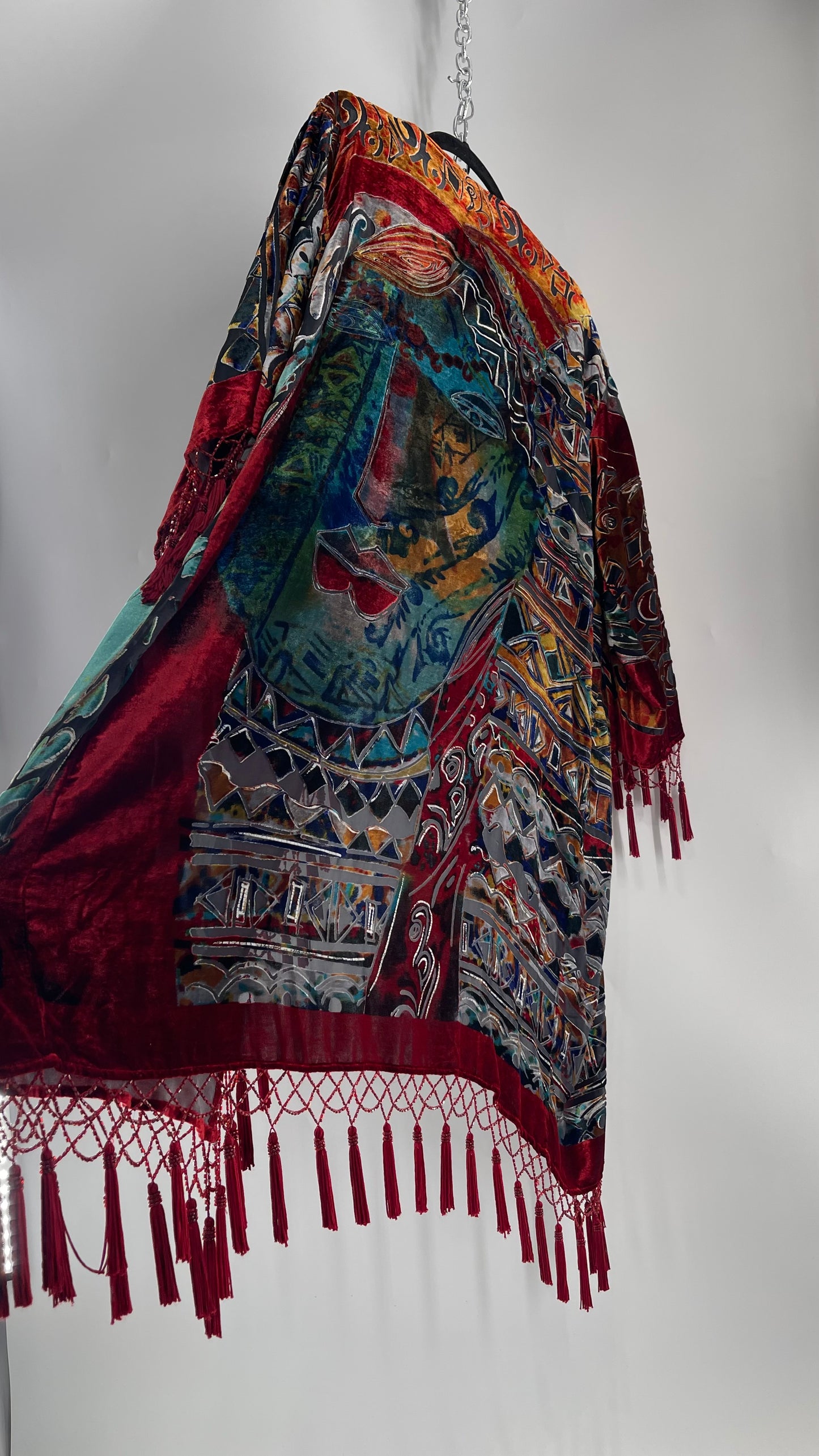 Vintage Burnout Buddhist Motif Velvet/Velour Beaded Fringe Duster Coat/Kimono with Tassel Sleeves and Hems (M/L)