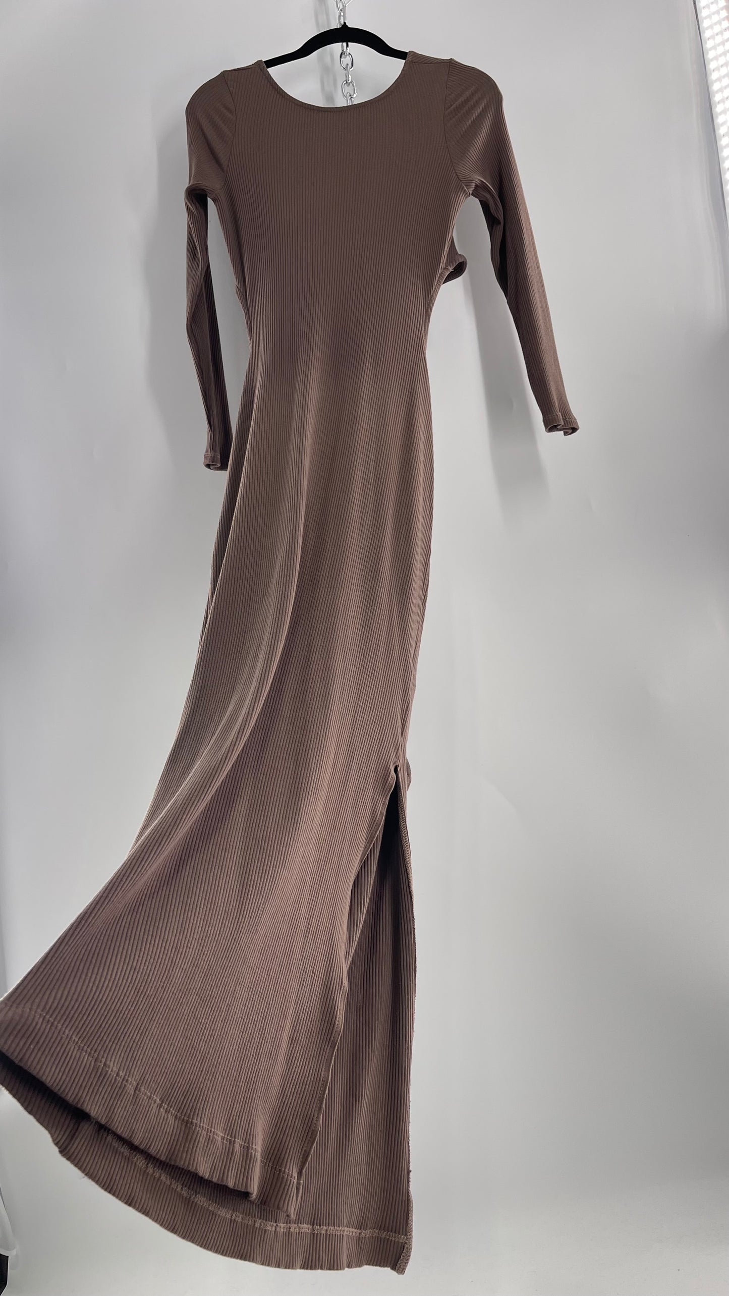 Free People Brown Ribbed Maxi Dress with Low Open Back and Dramatic Tie Detail (Large)
