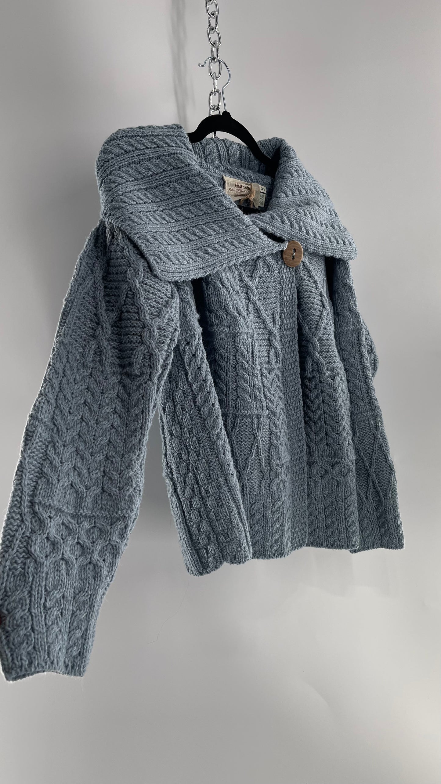Authentic Irish Aran Sweater Market Slate Blue Aran Stitch Sweater with Oversized Wooden Button Detail and Certificate of Authenticity (Small)