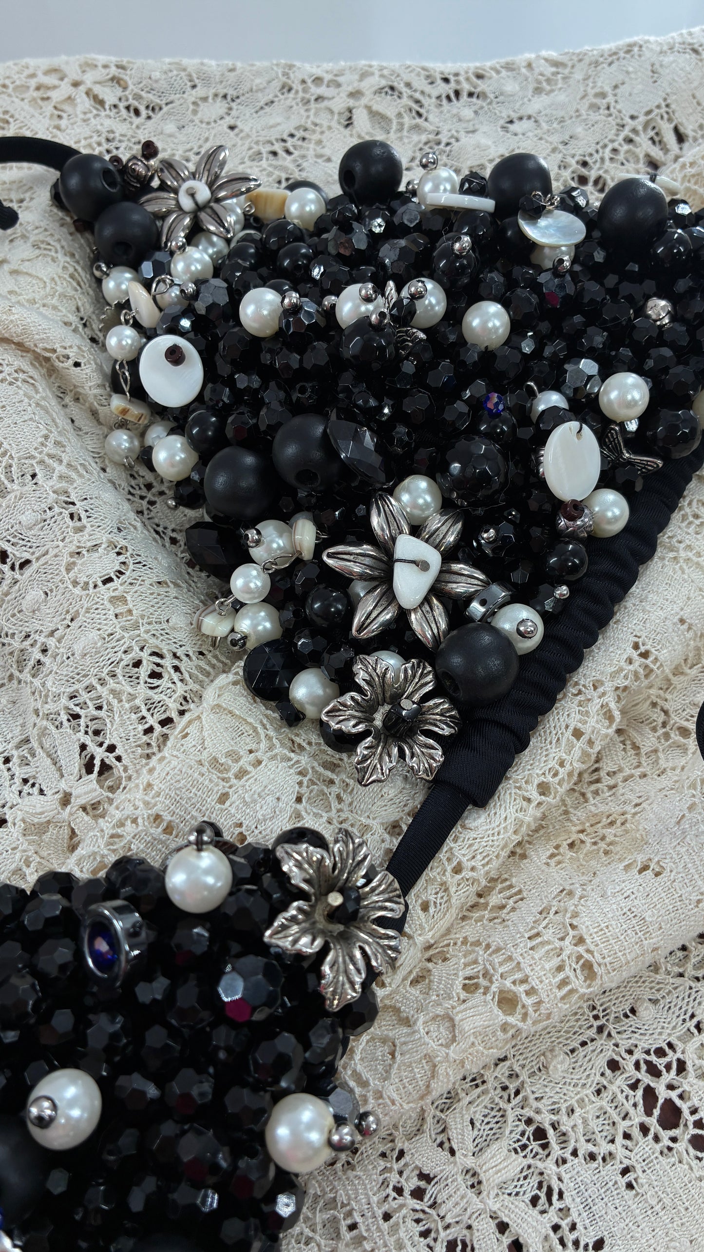 CUSTOM 1/1 Black Swimsuit Covered in Hand Placed and Sewn Beads, Charms, and Gems (MEDIUM)