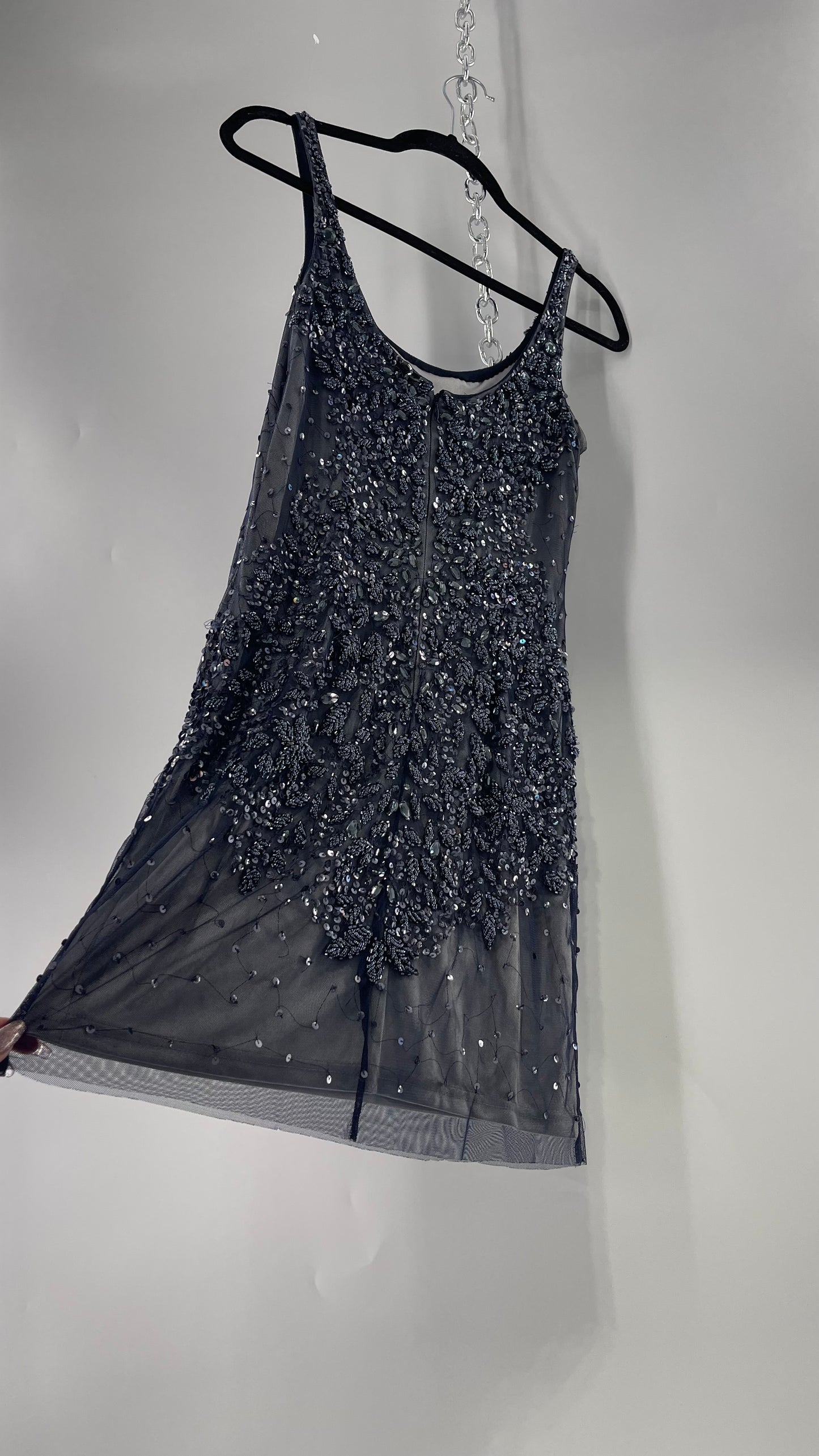 Vintage Cache Moonlight Grey/Navy Blue Tunic Mini Dress with Accentuating Placement of Beads, Sequins and Embroidery Details (2)