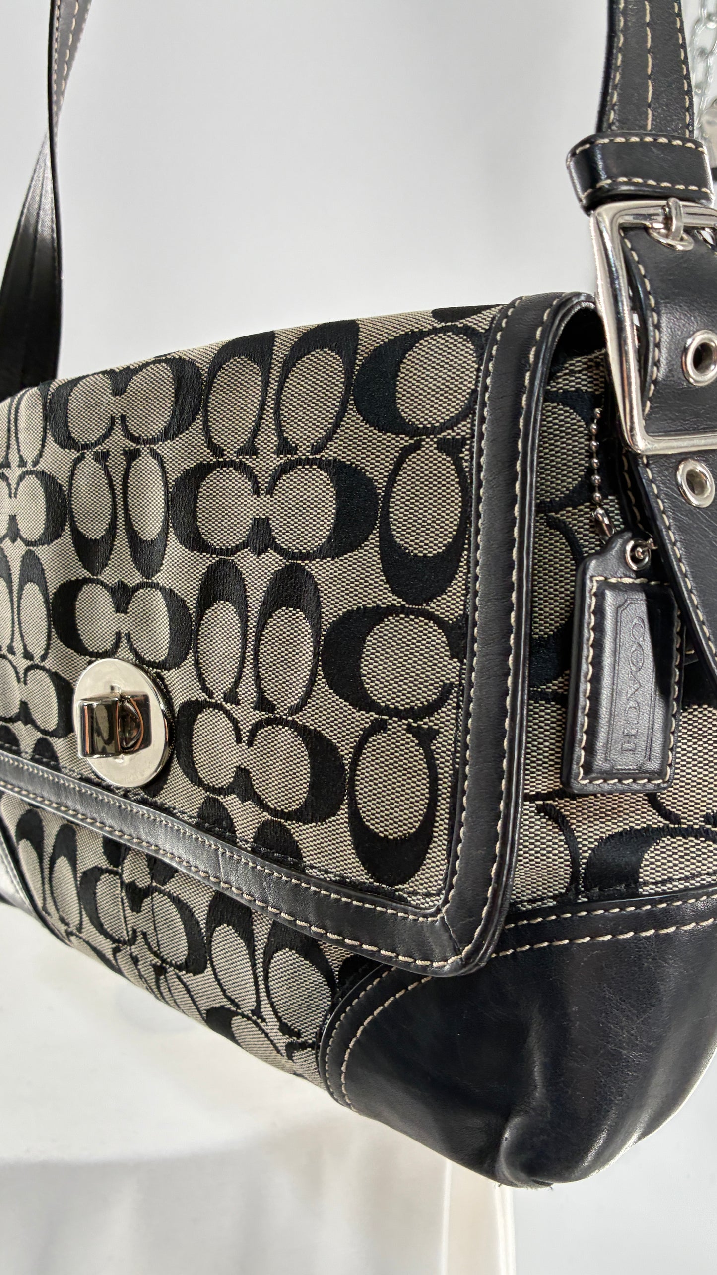 Vintage COACH Hampton Gray and Black Monogram Shoulder Bag