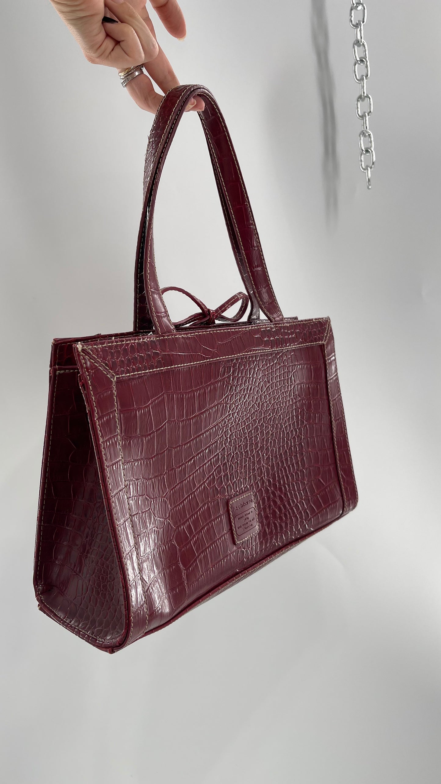 Vintage Liz Claiborne 1990s Cherry Red Crocodile Embossed Structured Bow Bag