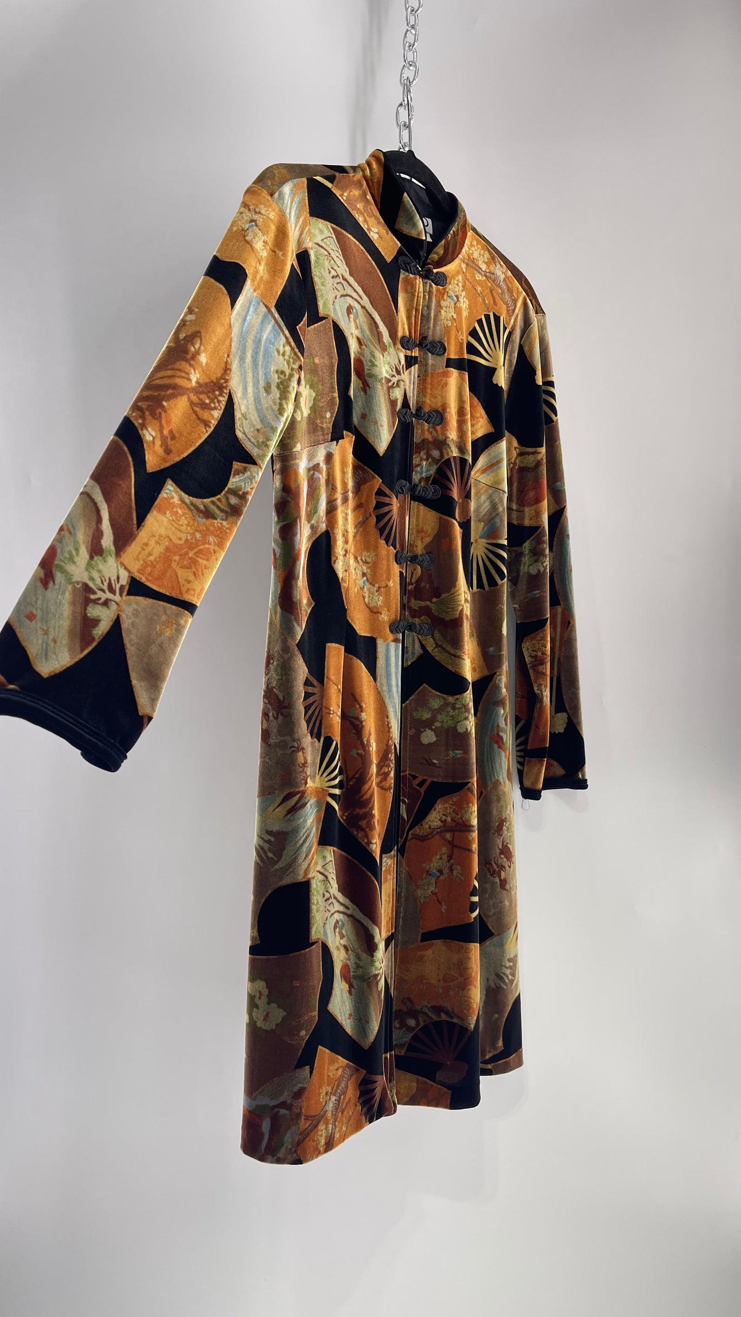 Vintage CLIO 1990s Black Velvet/Velour Fan Patterned Duster Coat (Medium)