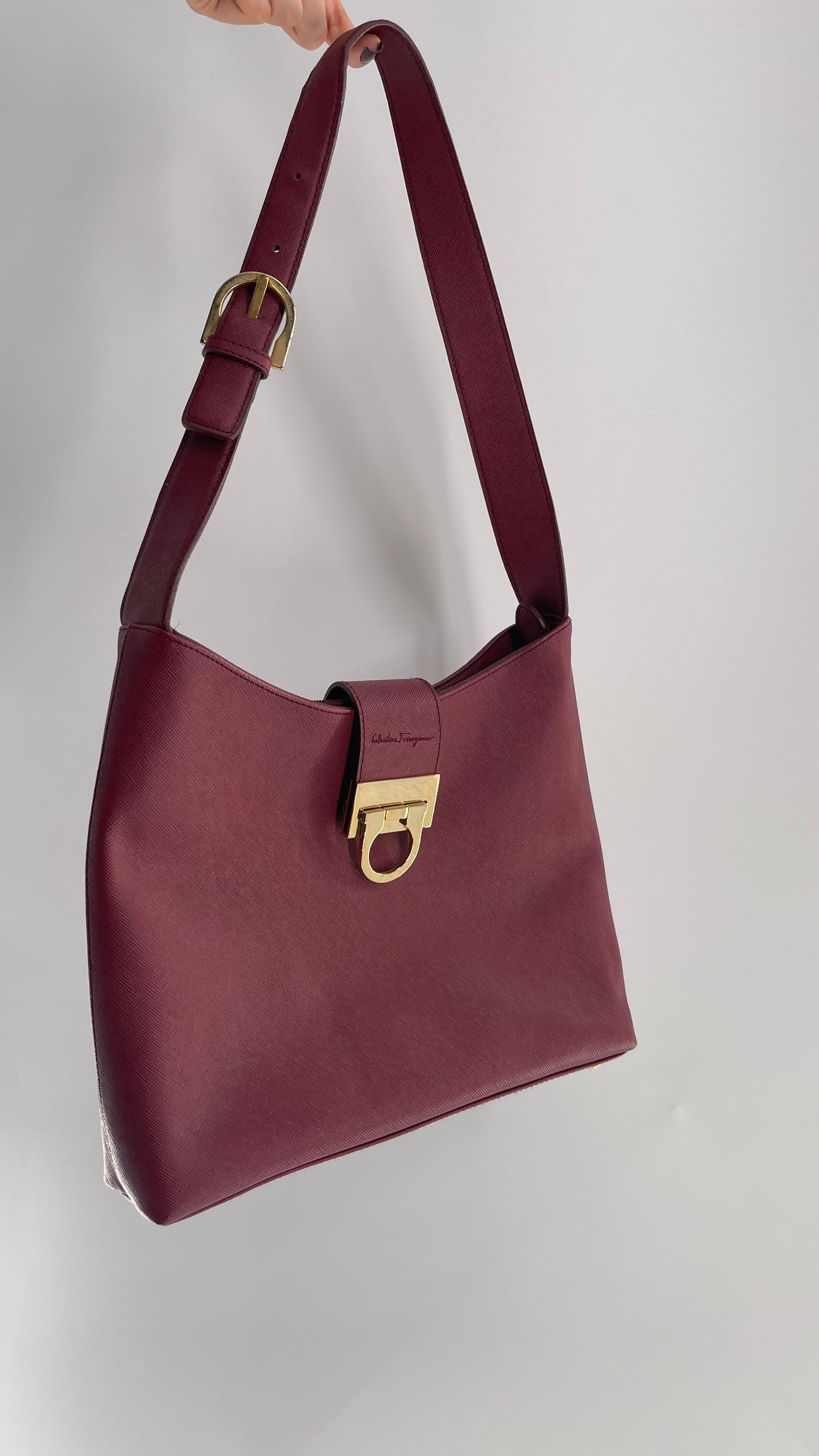 Vintage Salvatore Ferragamo Maroon Red Pocketbook Bag with Gold Hardware