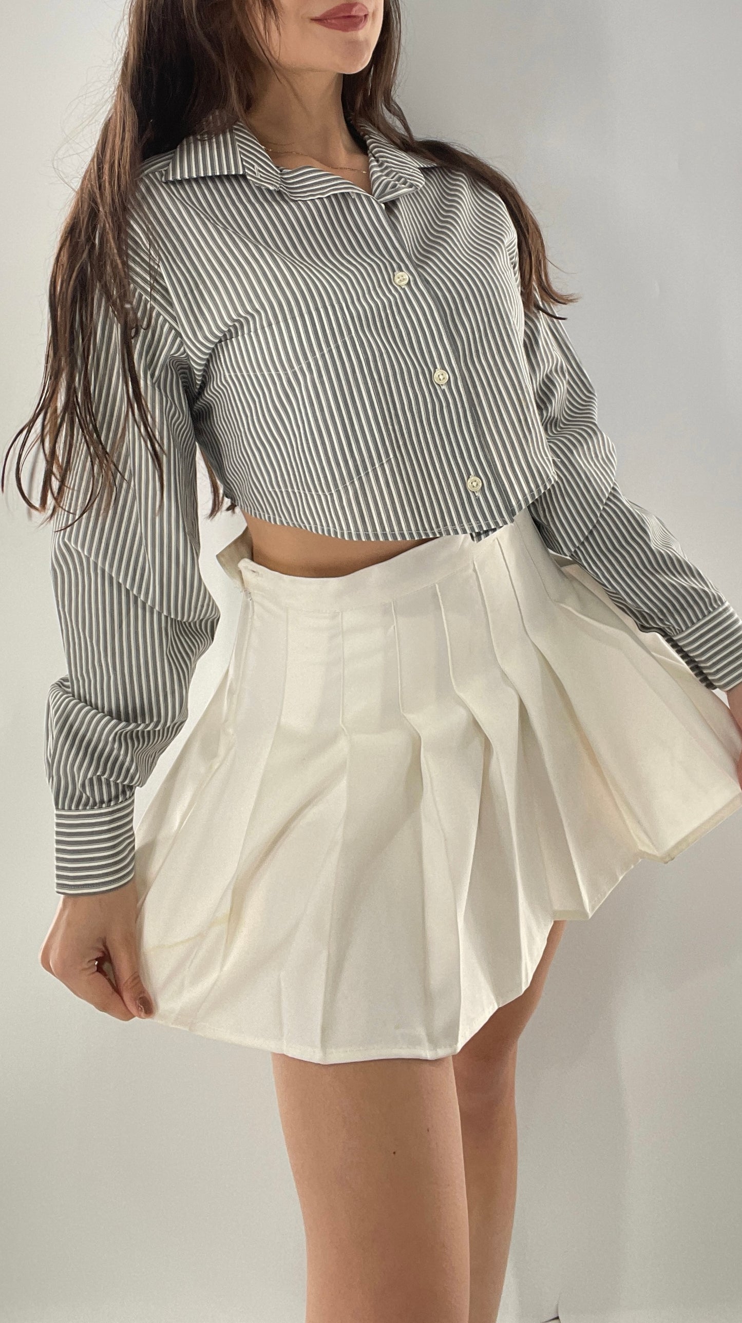 Vintage Reworked Button Front Backless Grey Blue Striped Blouse (One Size)