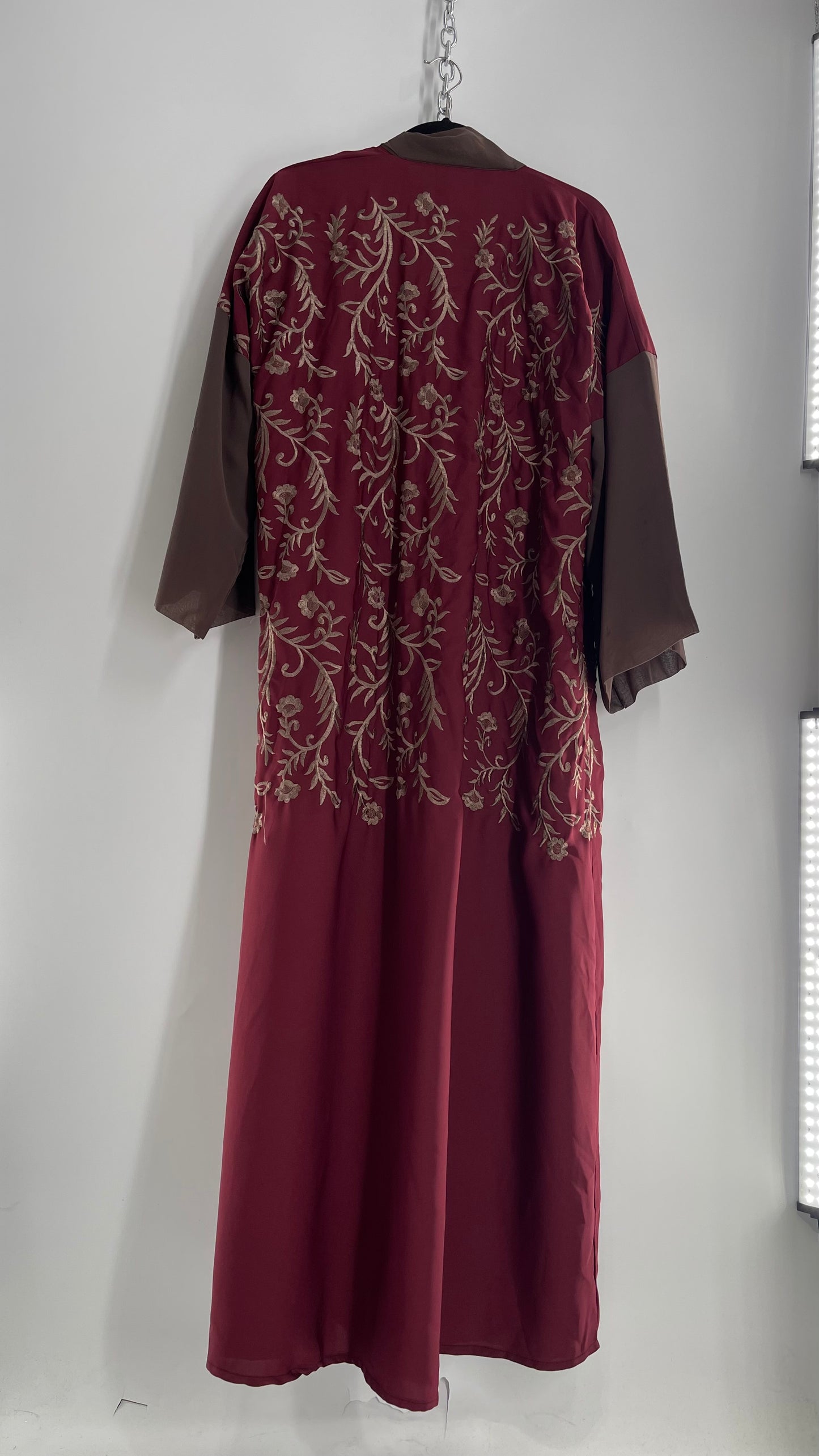 Vintage Embroidered Burgundy Sweeping Duster Coat/Cape with Tan Embroidery