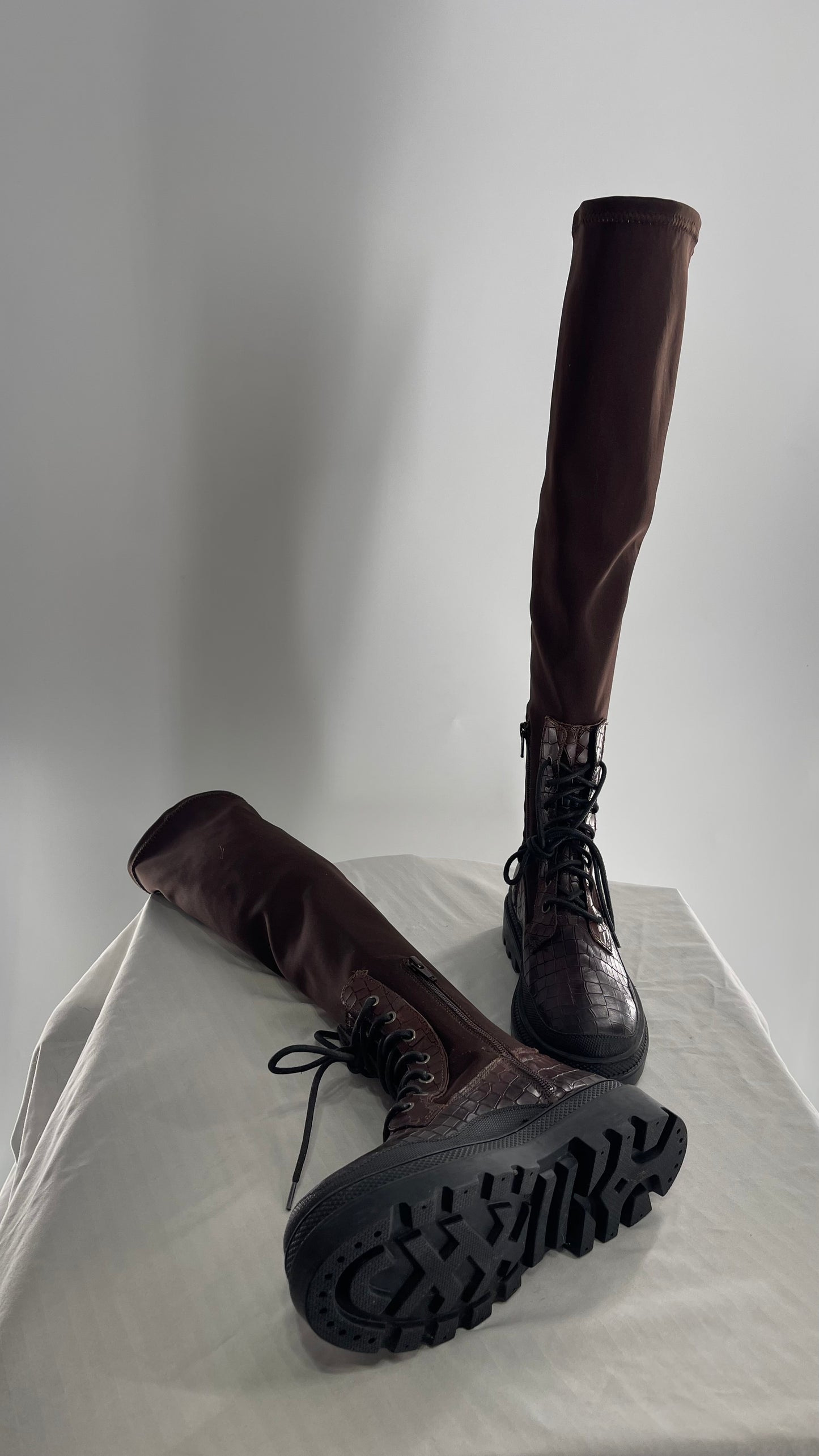 Free People Dark Brown Riding Style Embossed Knee High Platform Boots (37)
