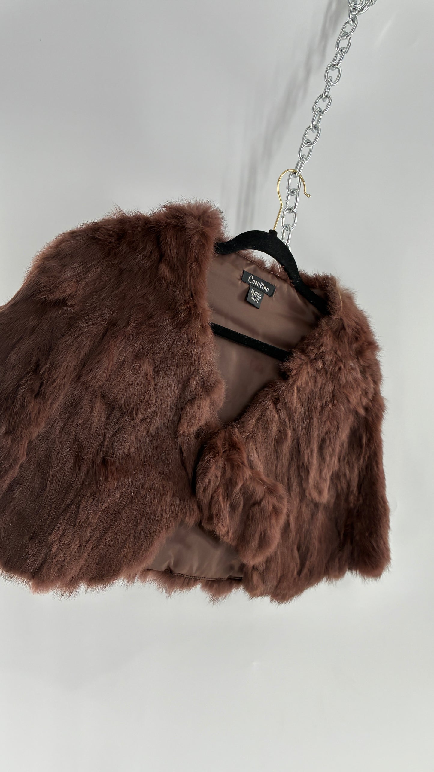 Vintage CAROLINE 100% Rabbit Fur Brown Shrug Cape with Oversized Round Buckle (One Size)