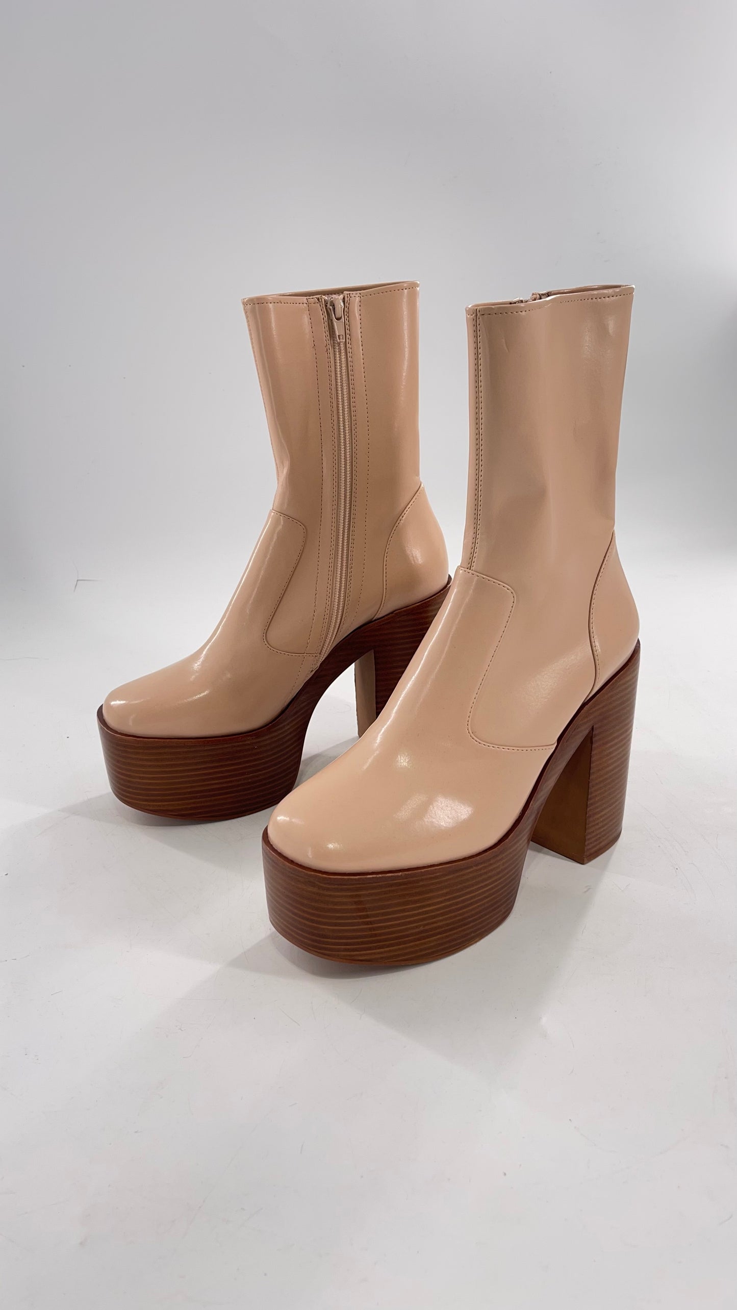 Free People X Jeffrey Campbell Mexique GoGo Boots • Beige Patent Boot with Wood Grain Chunky Block Heel and Platform (9)