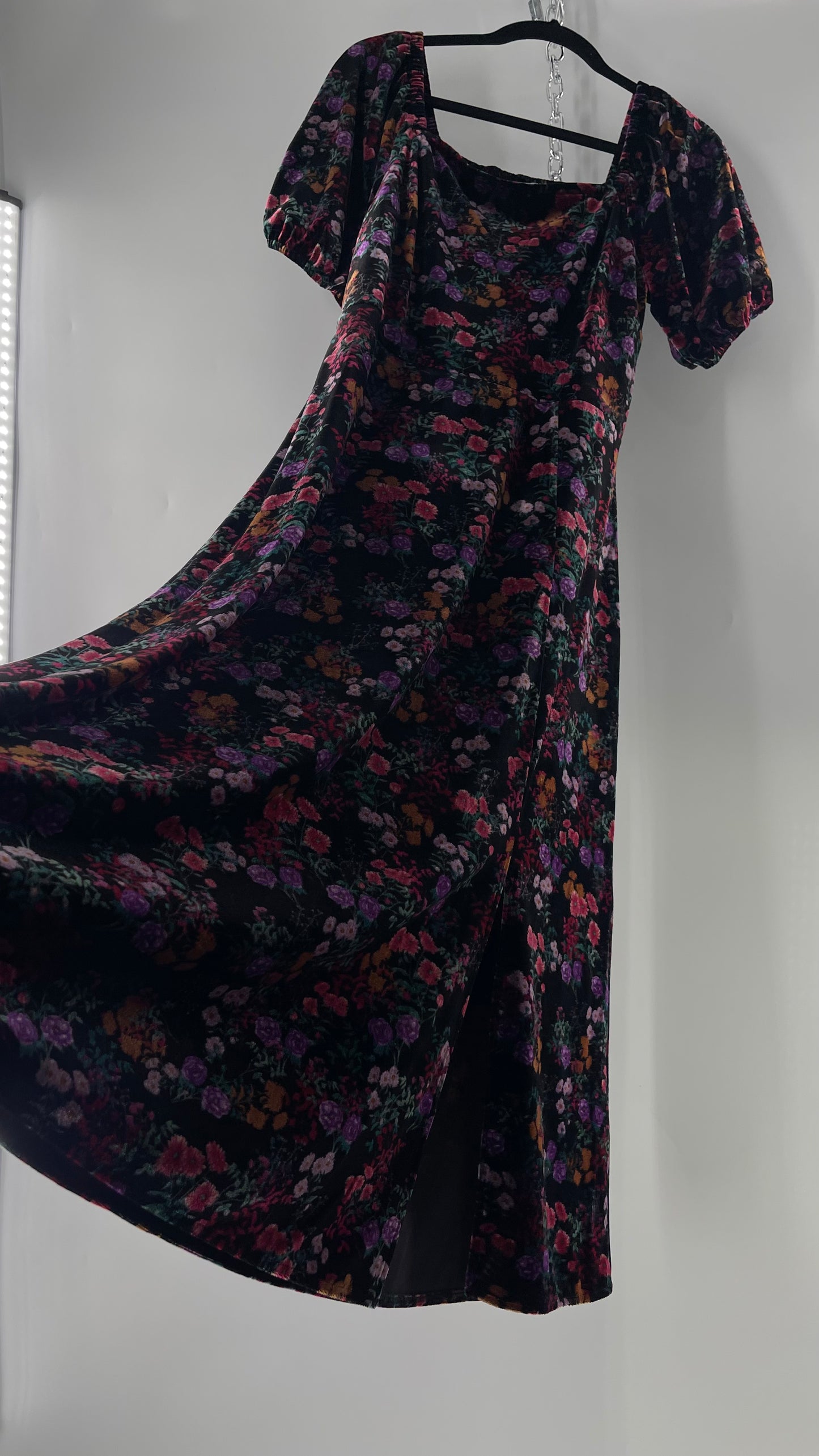 LOFT Velvet Dark Floral Full Length Dress with Puff Sleeves and Smocked Back with Tags Attached (8)