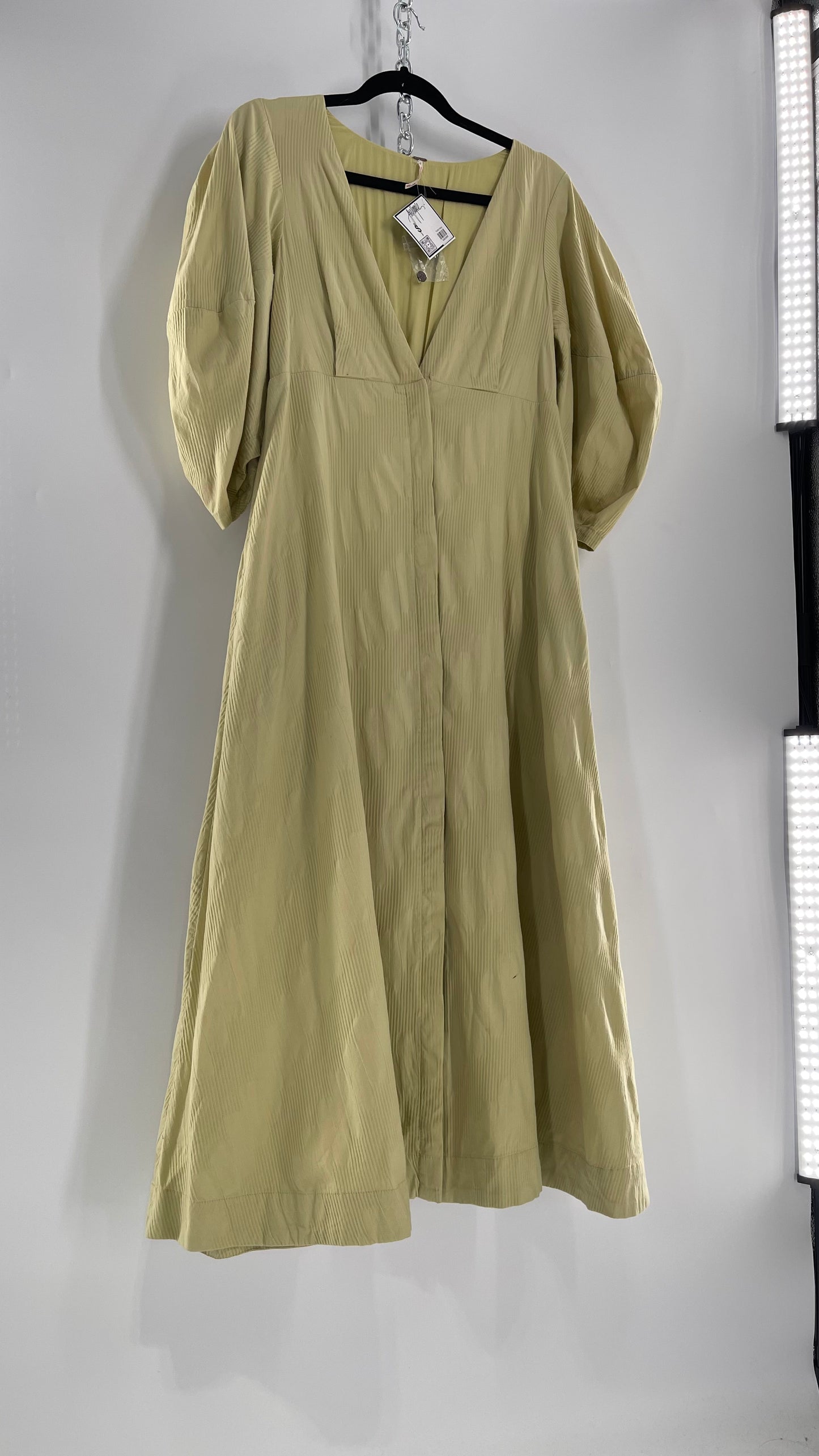 Free People Sage Green Textured Hidden Wooden Button Front Maxi with Back Pleating (Small)
