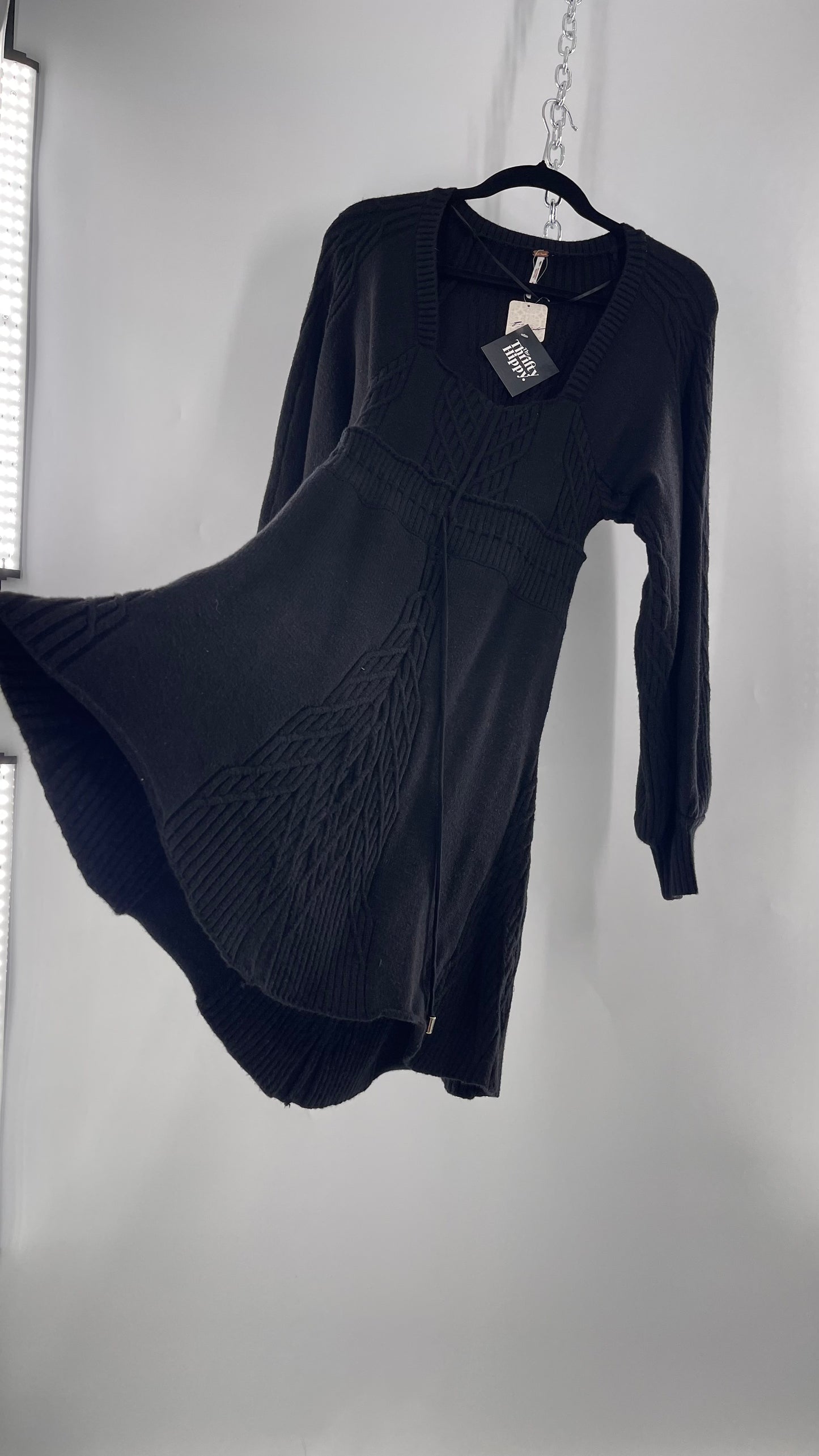 Free People Emmaline Black Heavy Knit Cableknit Bust with Tie Waist and Oval Back Cut Out Mini Dress(Small)