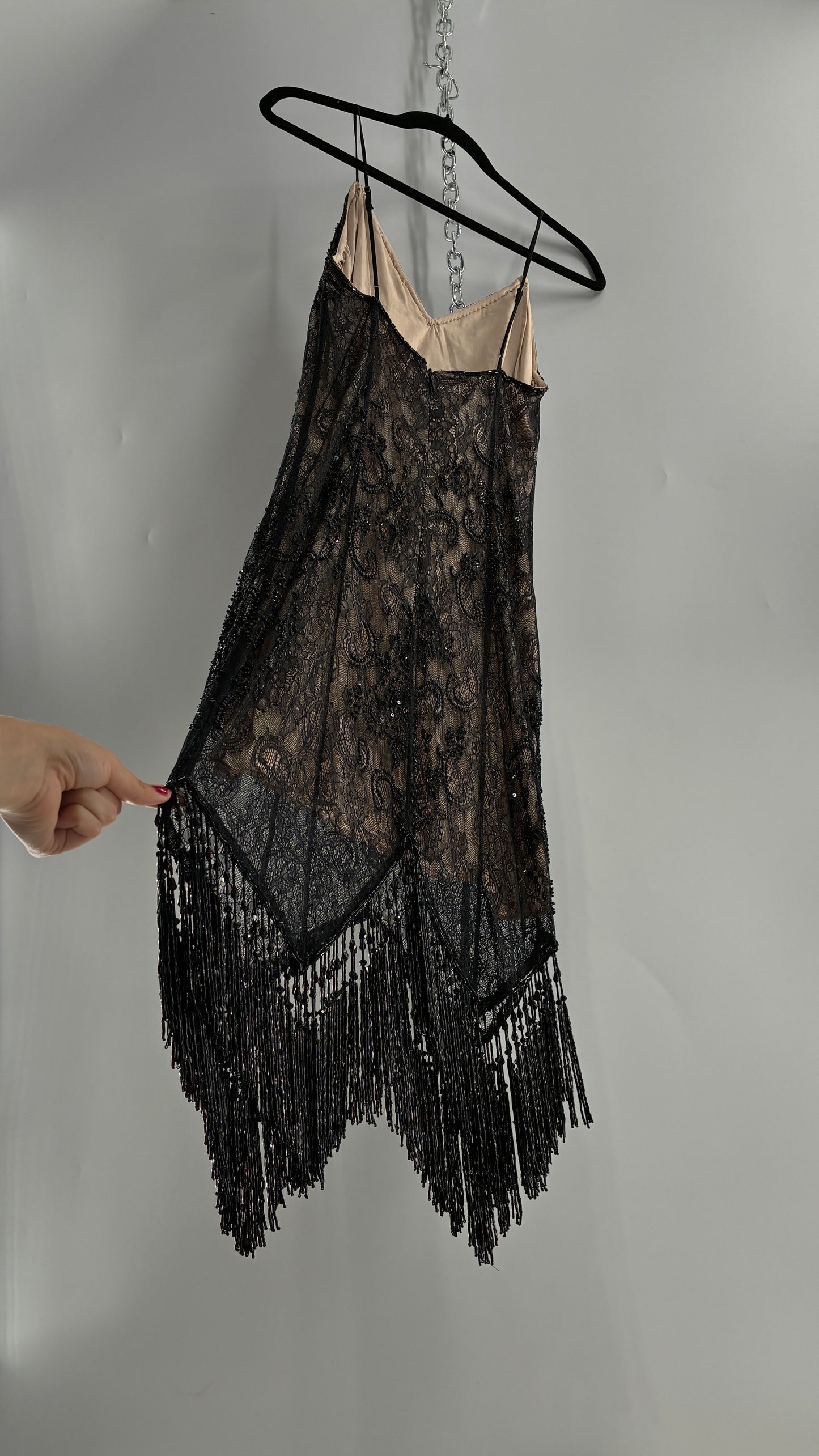Vintage Haute Hippie Black Lace Nude Underlay Dress with Pointed Heavily Beaded Fringe Hem (2)