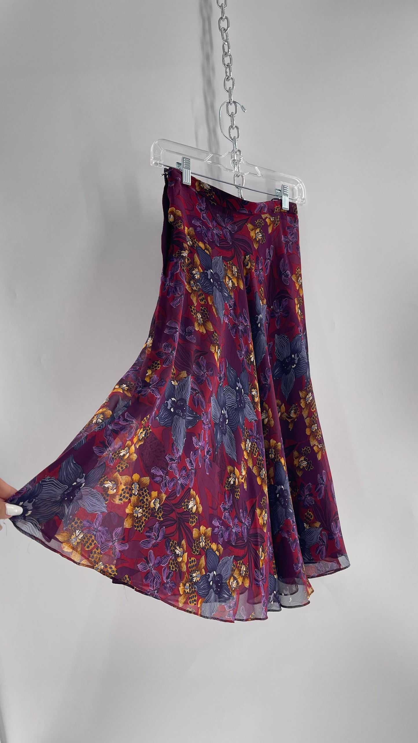 Vintage 100% Silk Burgundy Tropical Skirt with Leopard Florals (4)