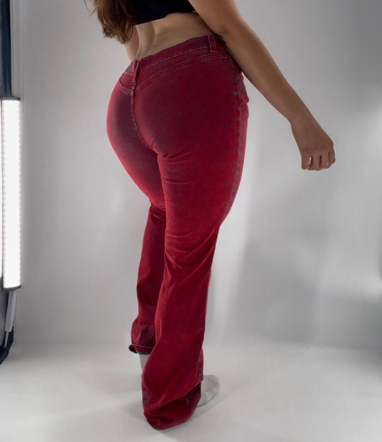 Vintage BISOU BISOU Red Burnt Velvet Low Rise Kick Flare Jeans (6)(C)